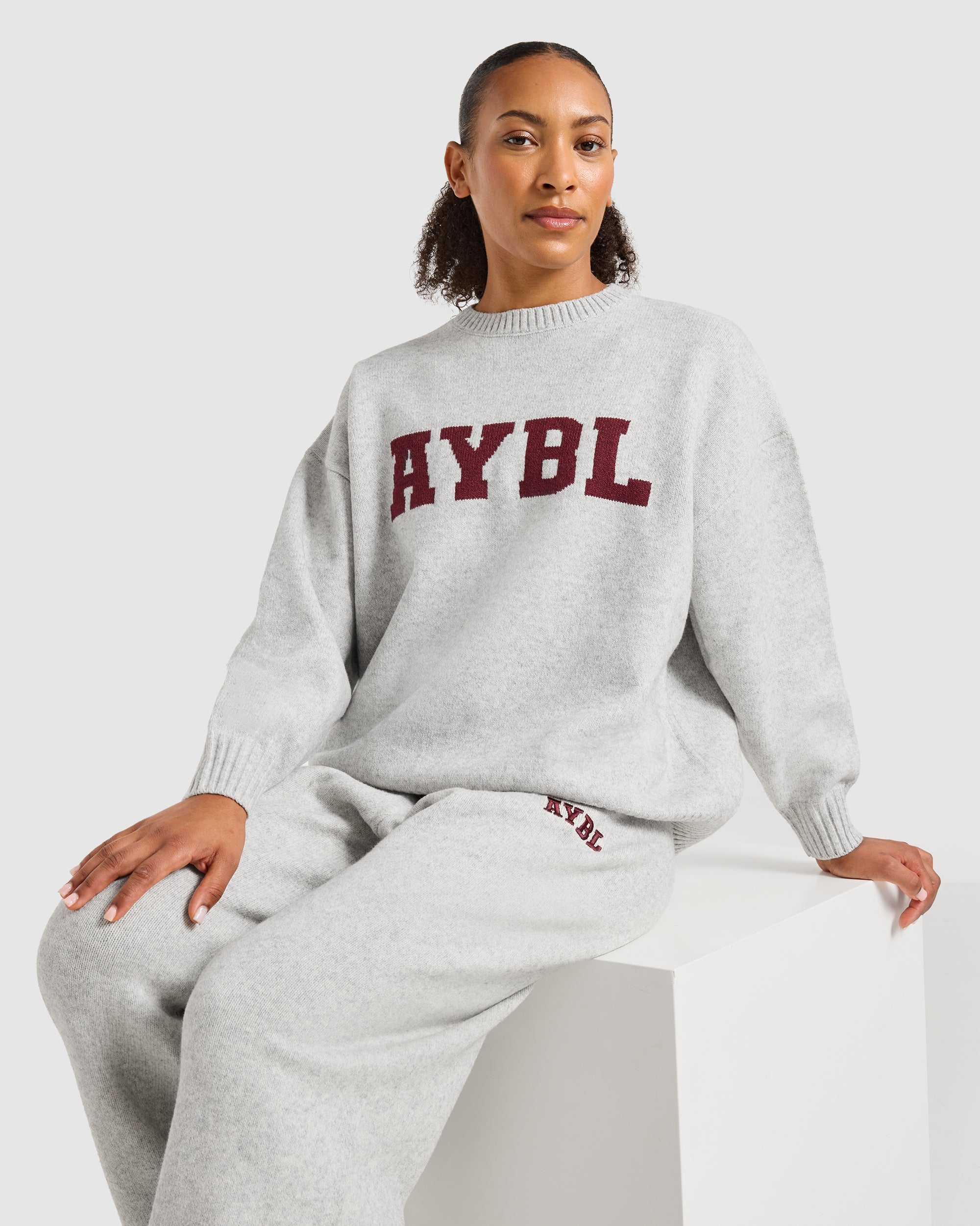 Varsity Oversized Knitted Sweater - Grau Marl/Burgundy
