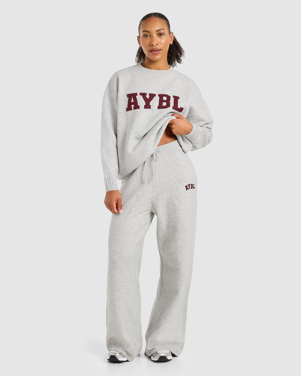 Varsity Oversized Knitted Joggers - Grau Marl/Burgundy