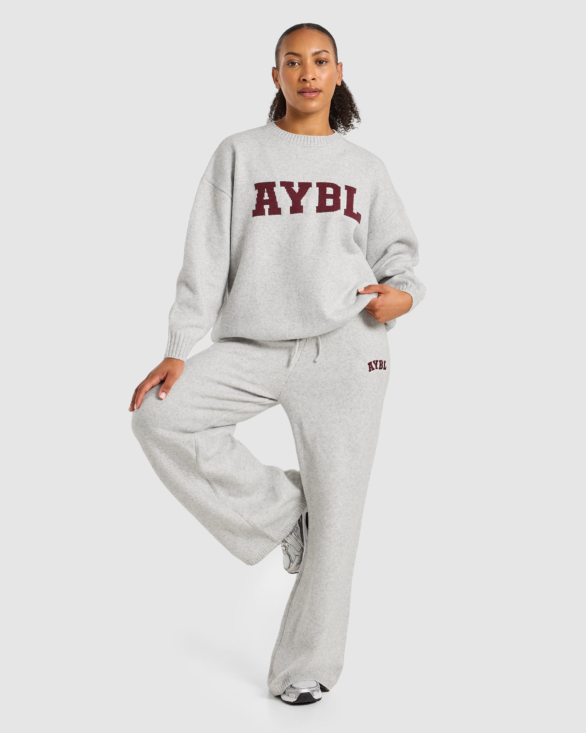 Varsity Oversized Knitted Joggers - Grau Marl/Burgundy
