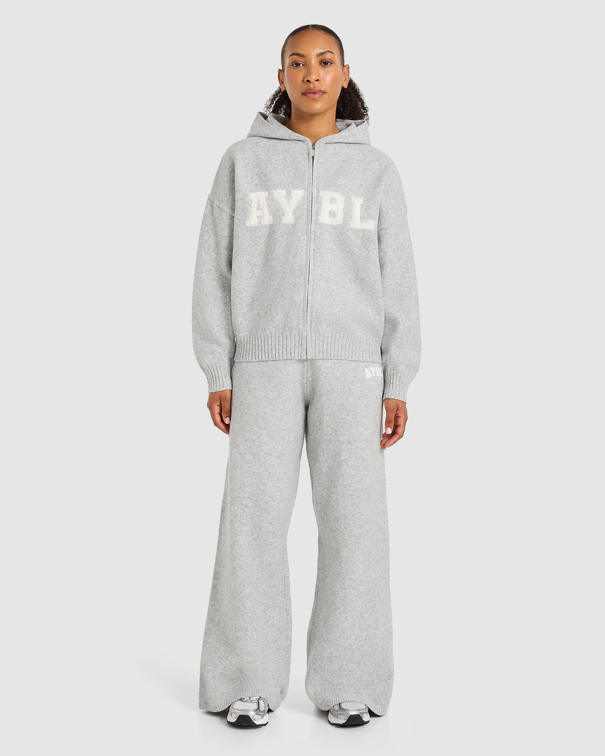 Varsity Oversized Knitted Zip Up Hoodie - Grau Marl