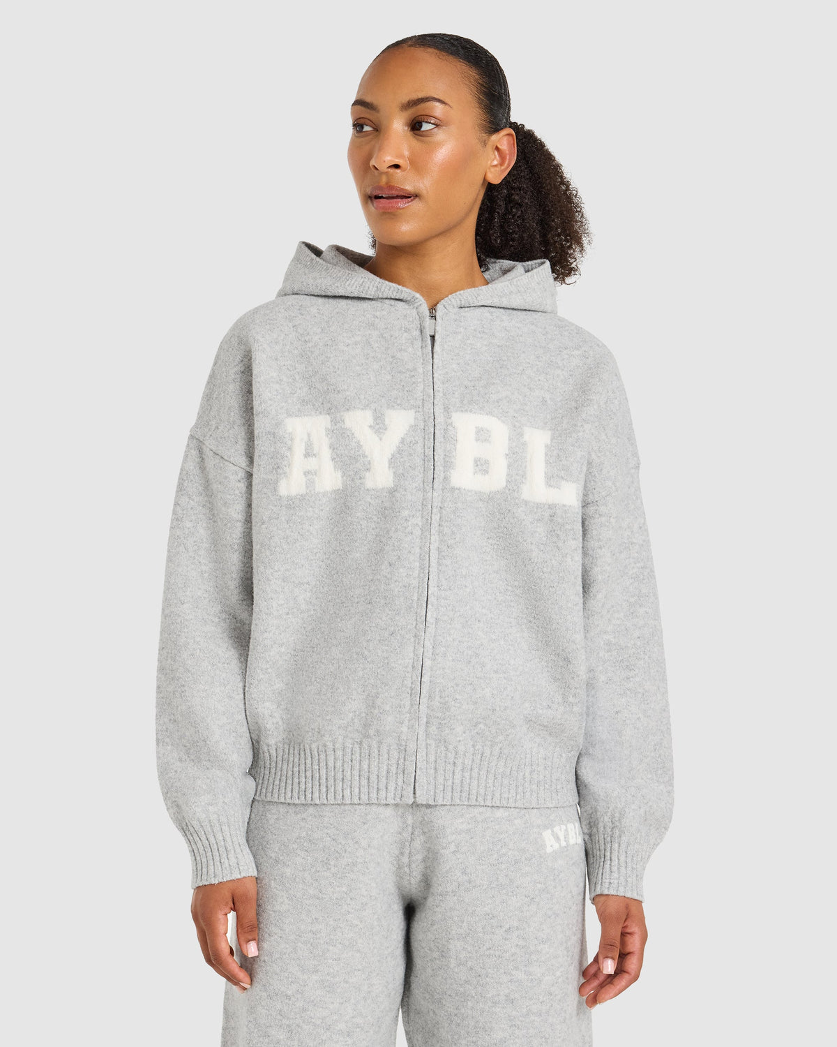 Varsity Oversized Knitted Zip Up Hoodie - Grau Marl