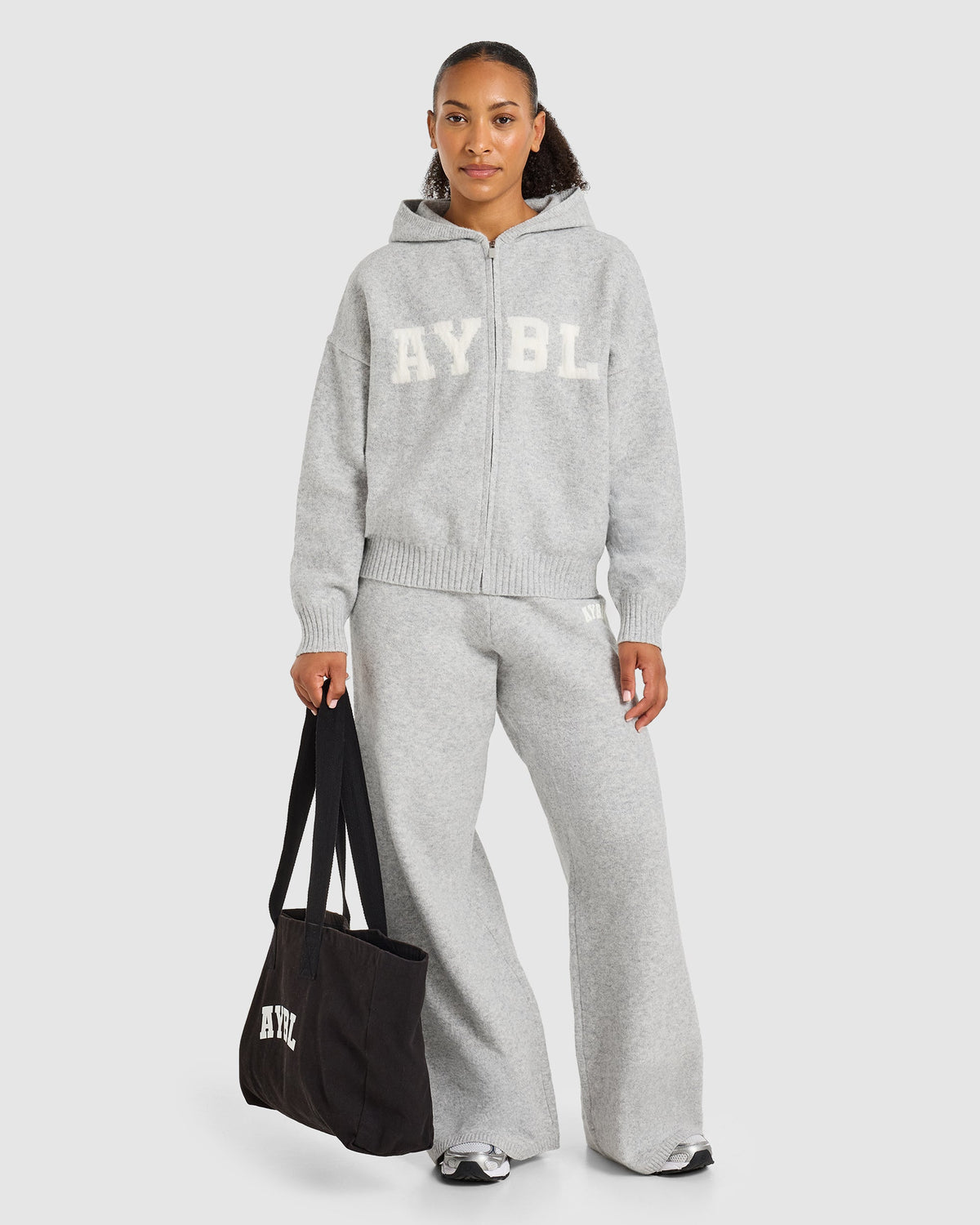 Varsity Oversized Knitted Zip Up Hoodie - Grau Marl
