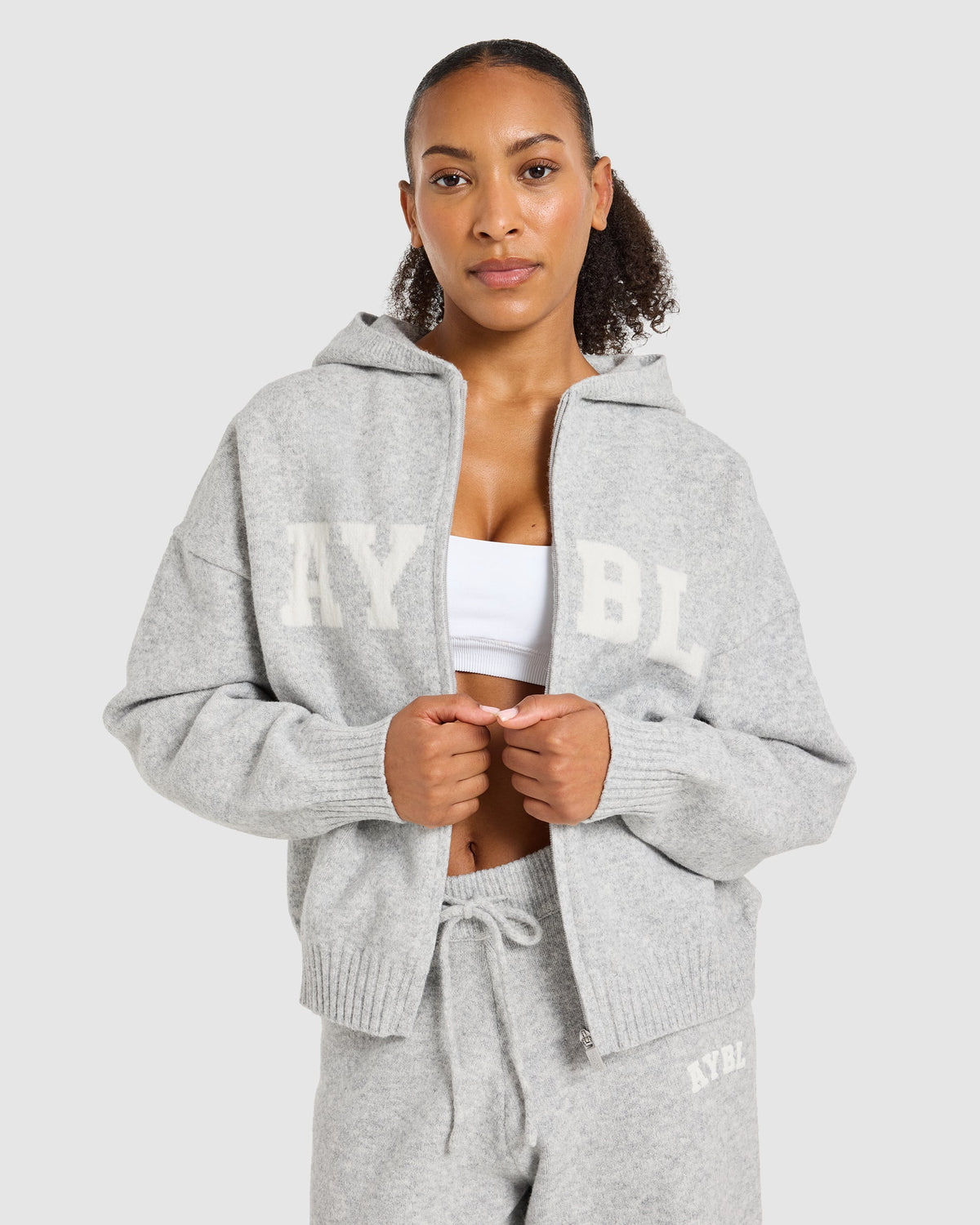 Varsity Oversized Knitted Zip Up Hoodie - Grau Marl