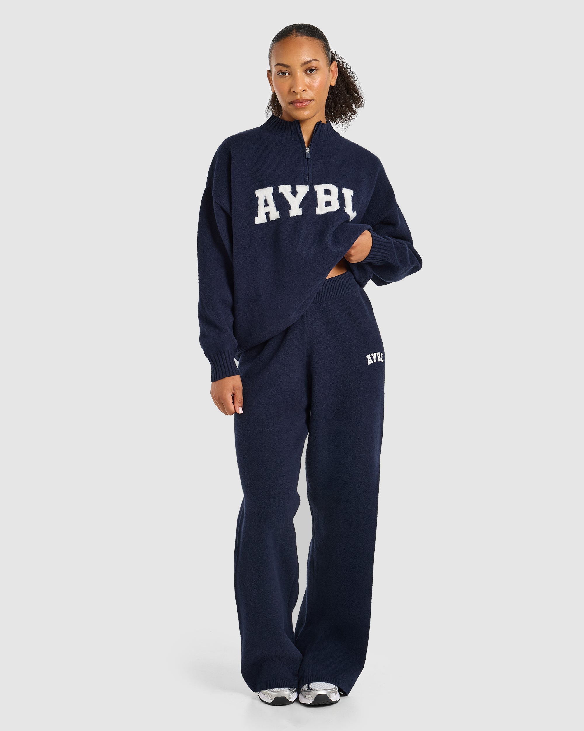 Varsity Oversized Knitted 1/4 Zip Pullover - Navy