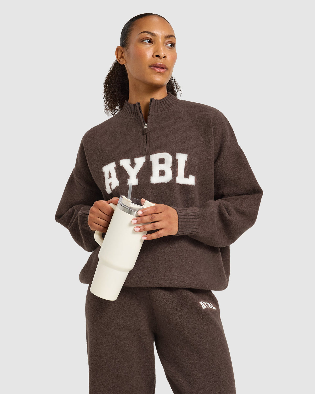 Varsity Oversized Knitted 1/4 Zip Pullover - Braun