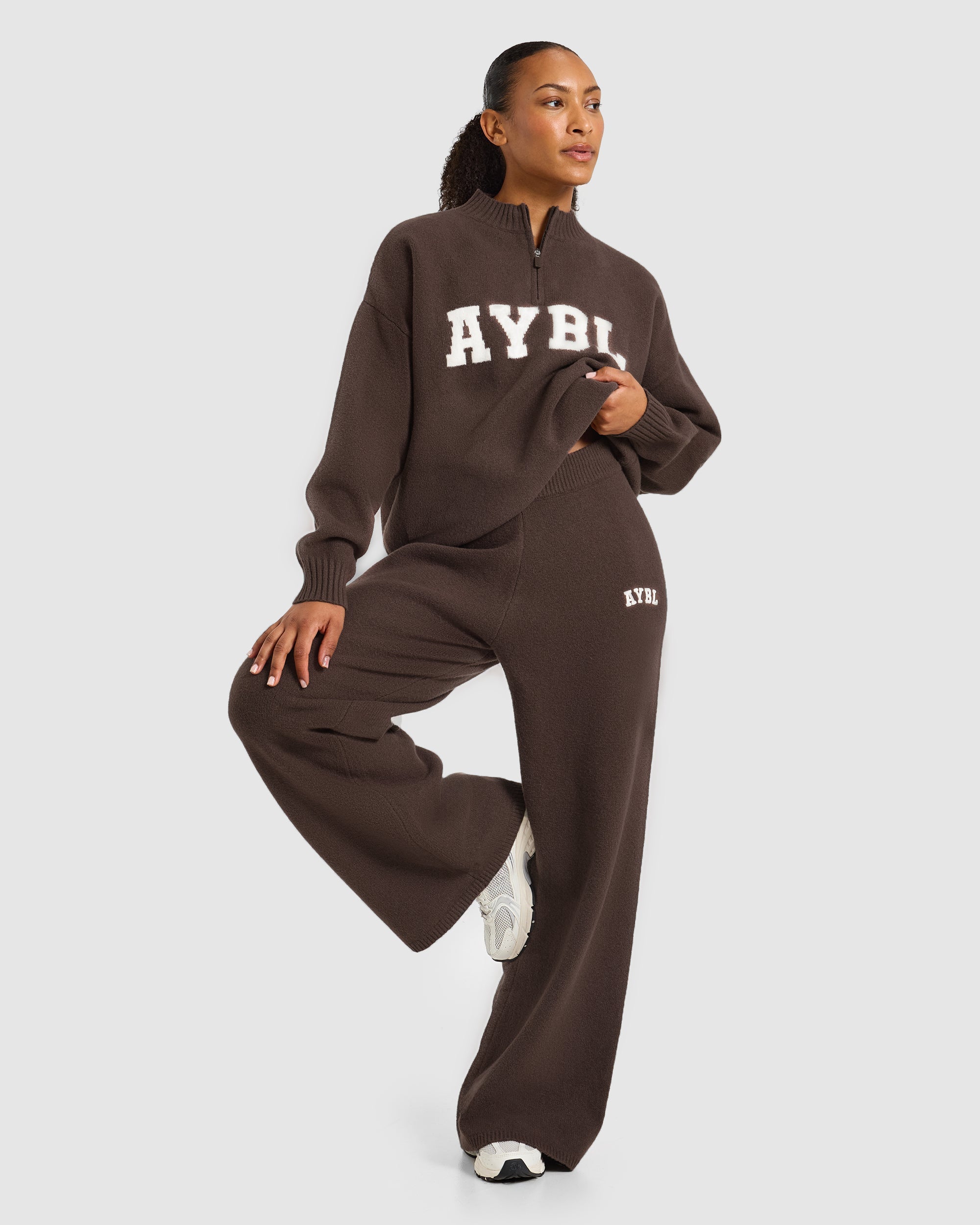 Varsity Oversized Knitted 1/4 Zip Pullover - Braun