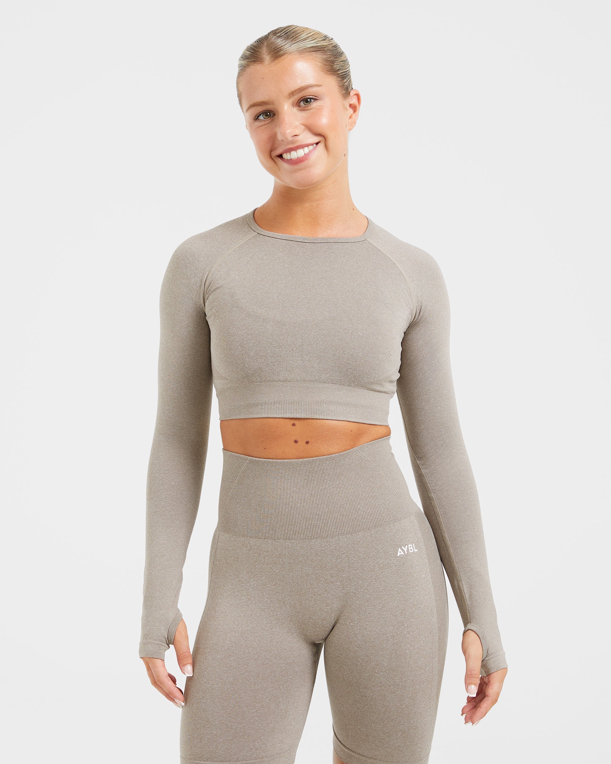 Empower Seamless Long Sleeve Crop Top - Taupe Marl