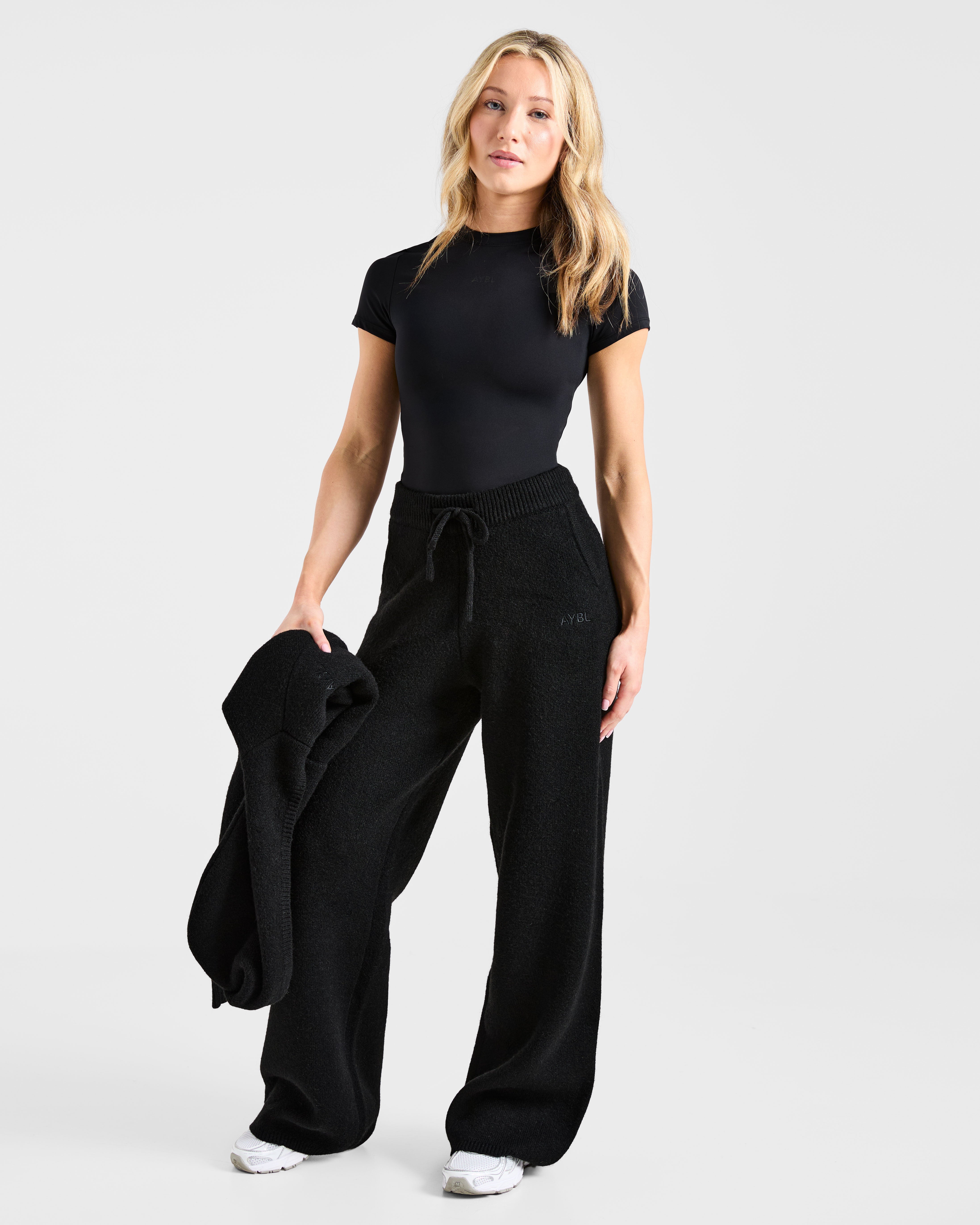 Soft Oversized Knitted Straight Leg Joggers - Schwarz