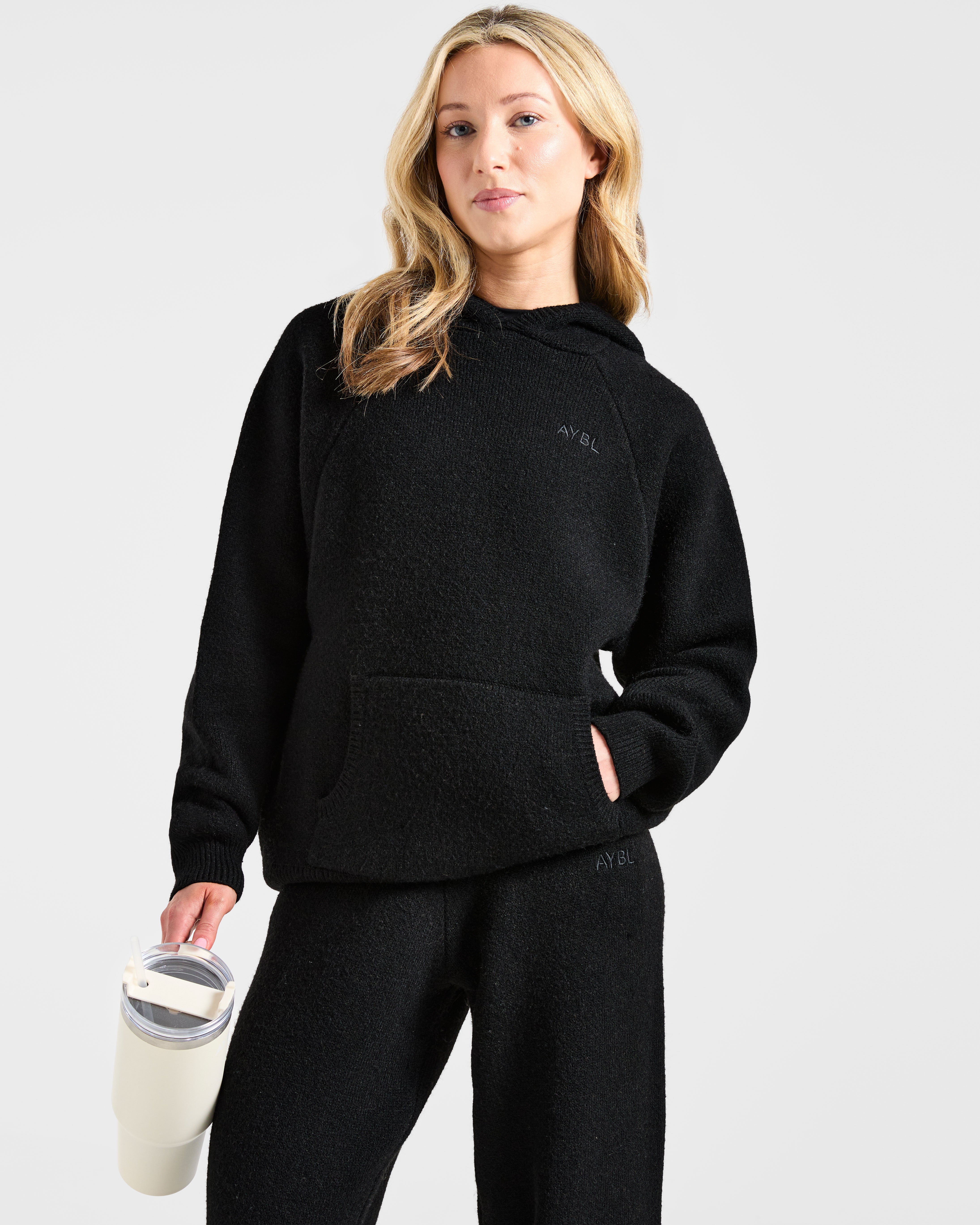 Soft Oversized Knitted Hoodie - Schwarz