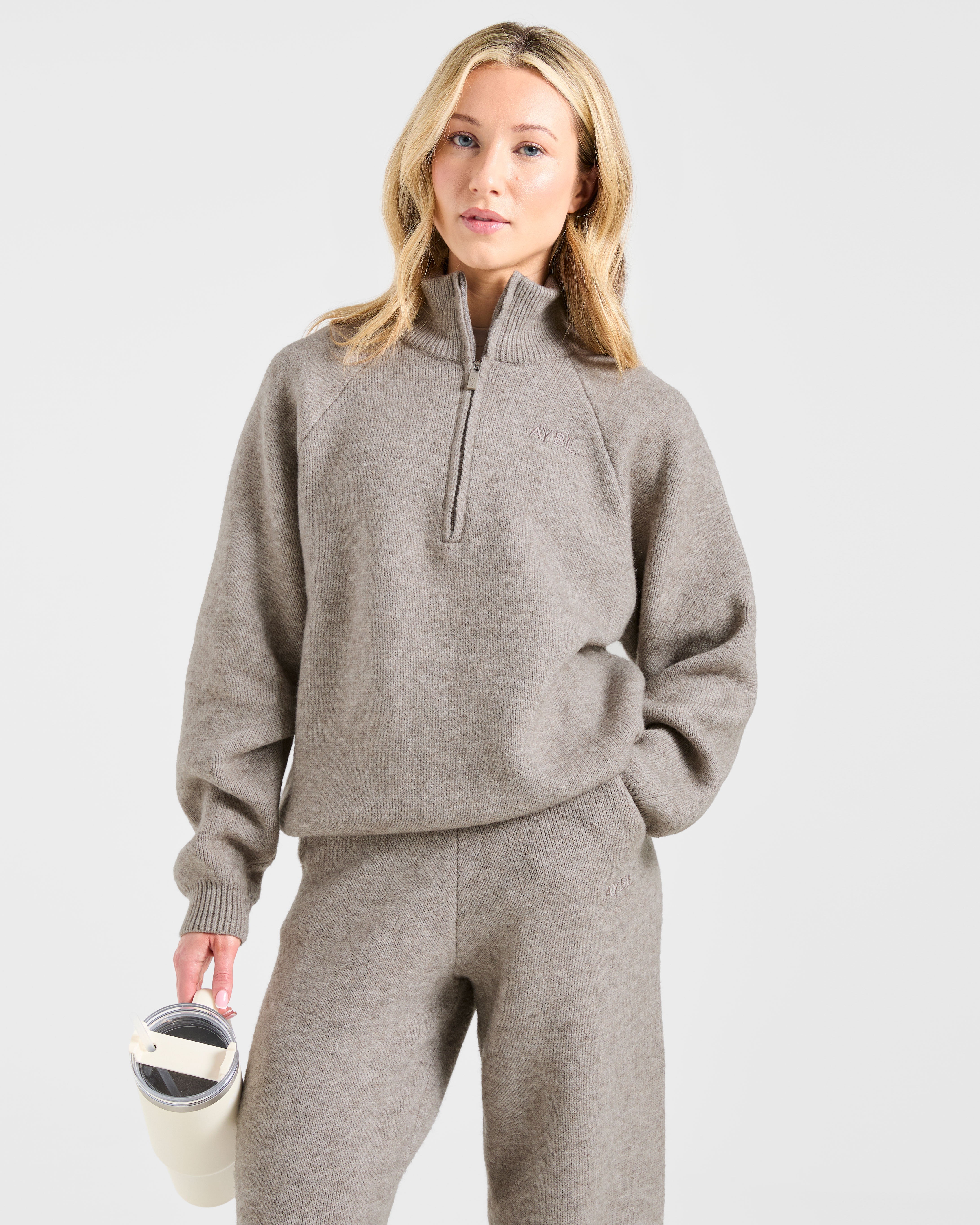 Soft Oversized Knitted 1/4 Zip - Braun Marl