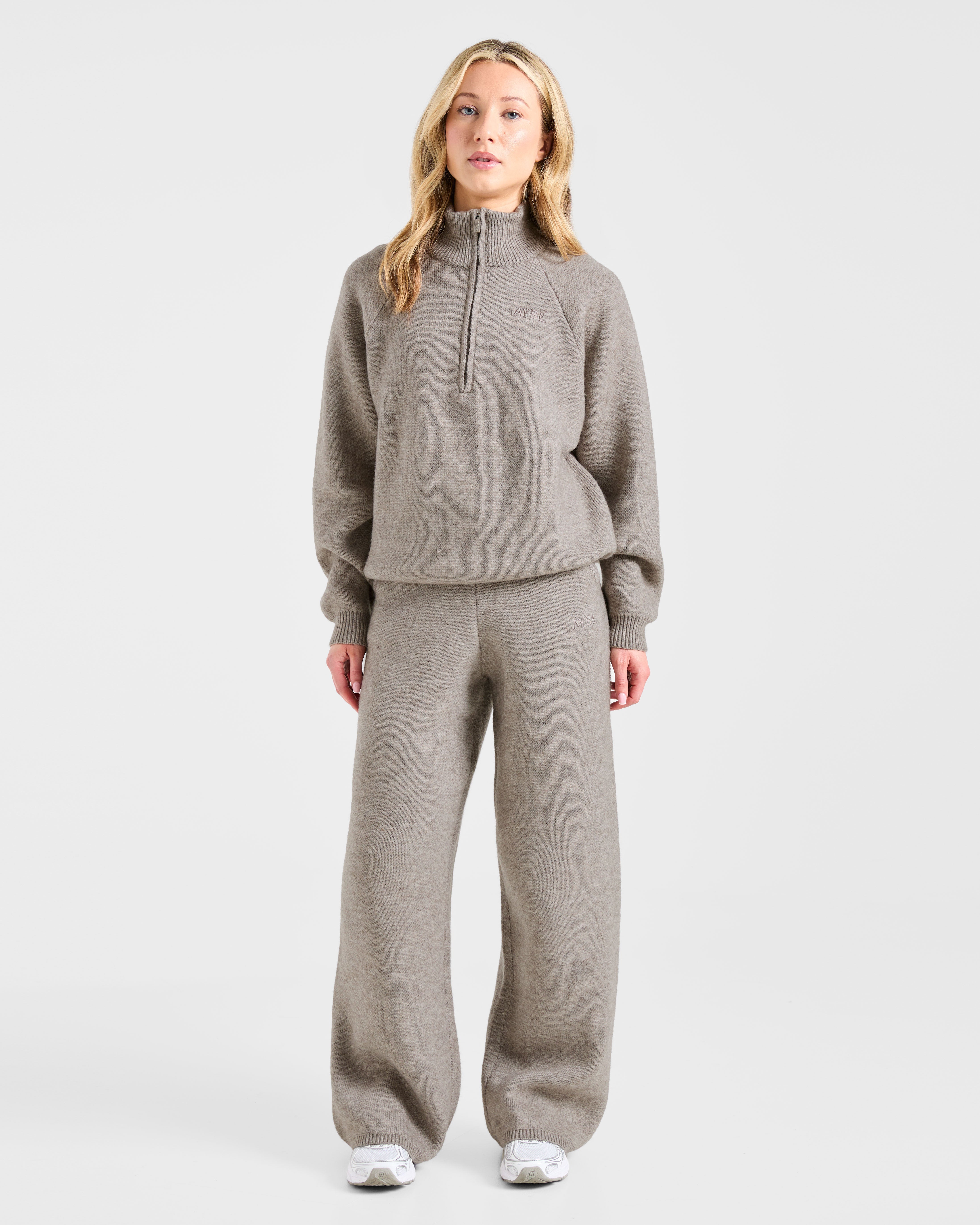 Soft Oversized Knitted 1/4 Zip - Braun Marl