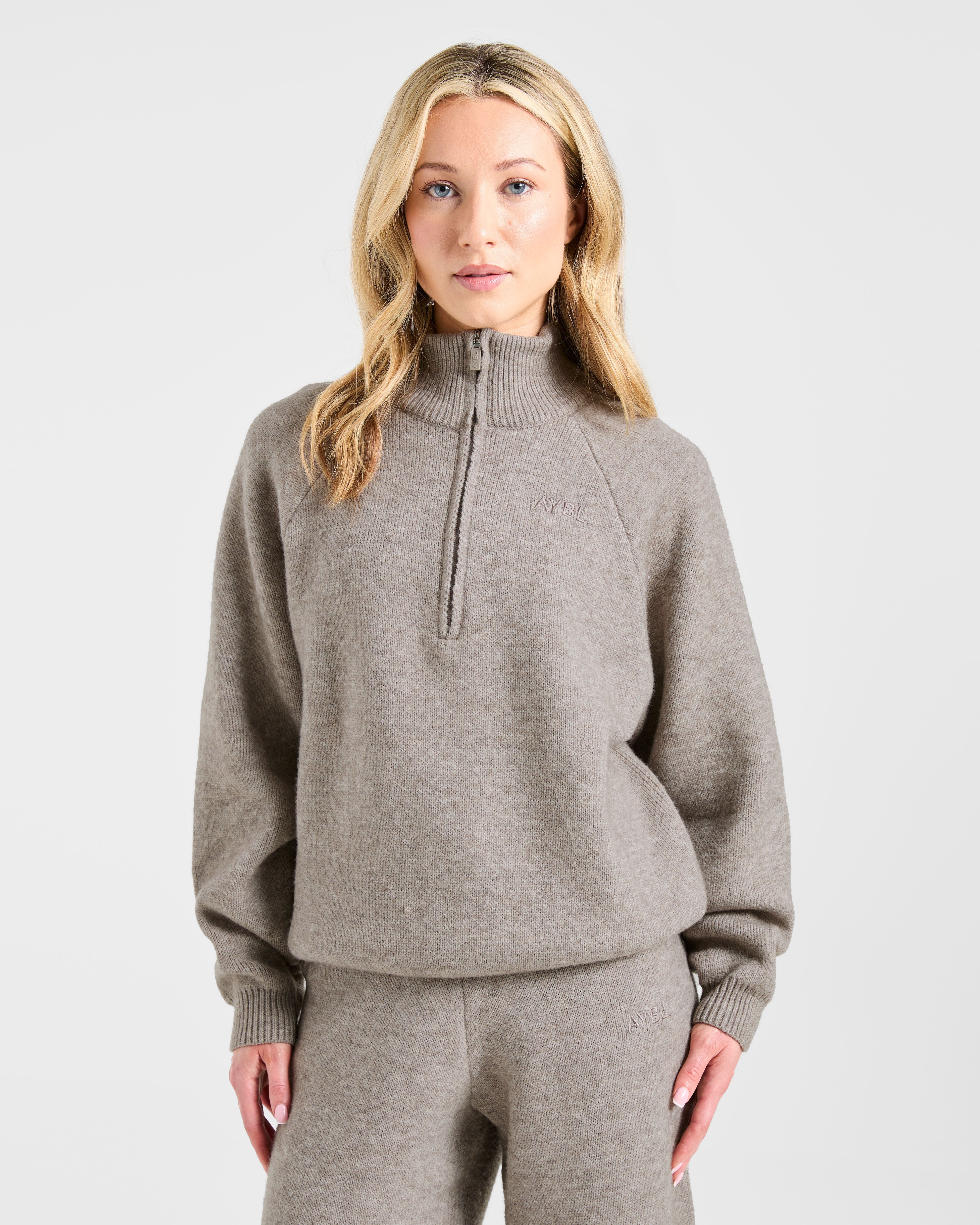 Soft Oversized Knitted 1/4 Zip - Braun Marl