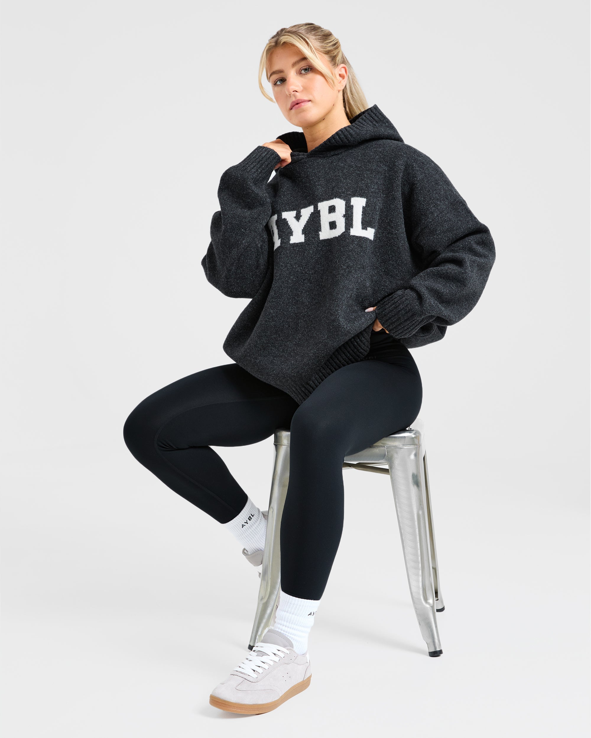 Varsity Oversized Knitted Hoodie - Charcoal