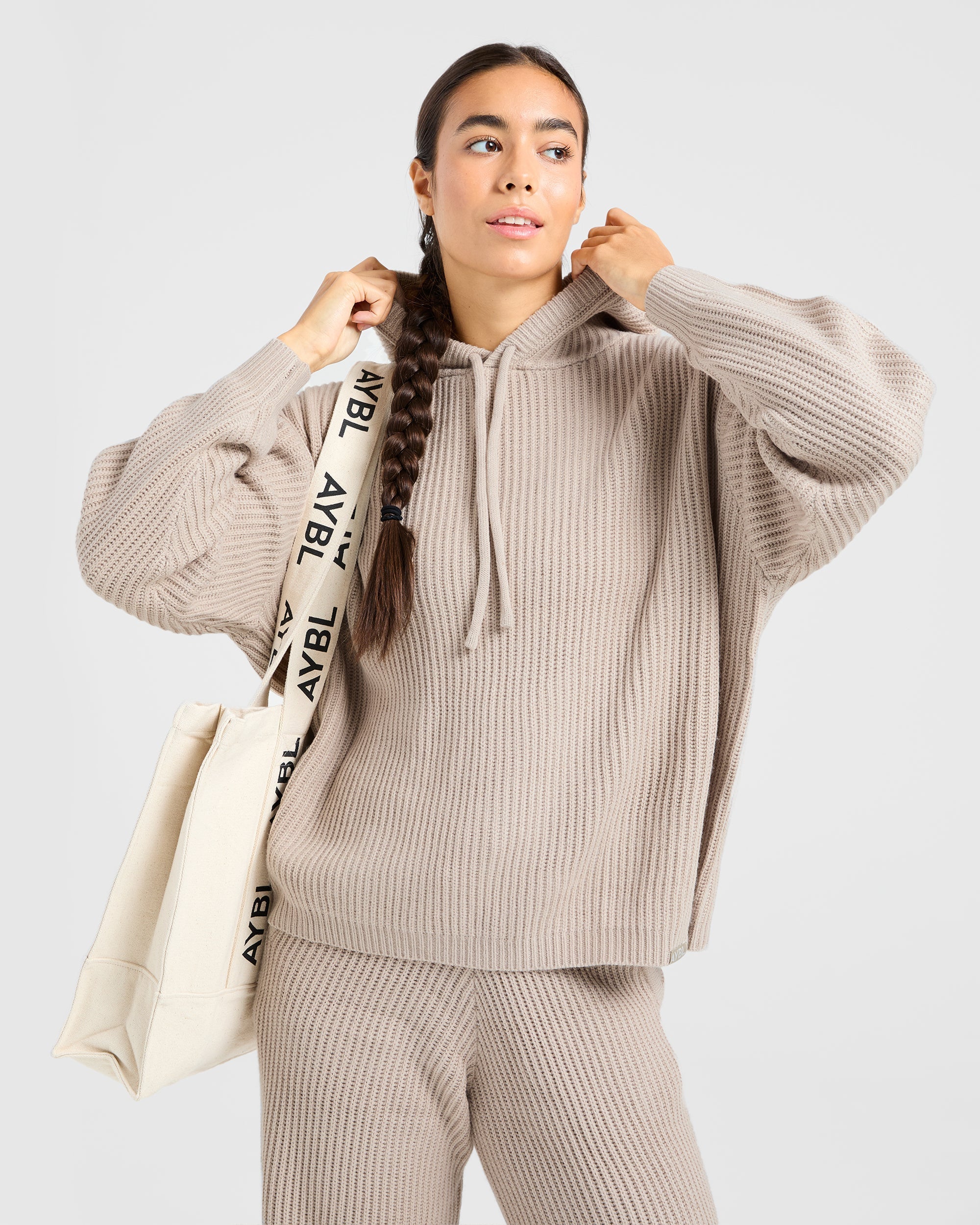 Lounge Oversized Knit Hoodie - Taupe Braun