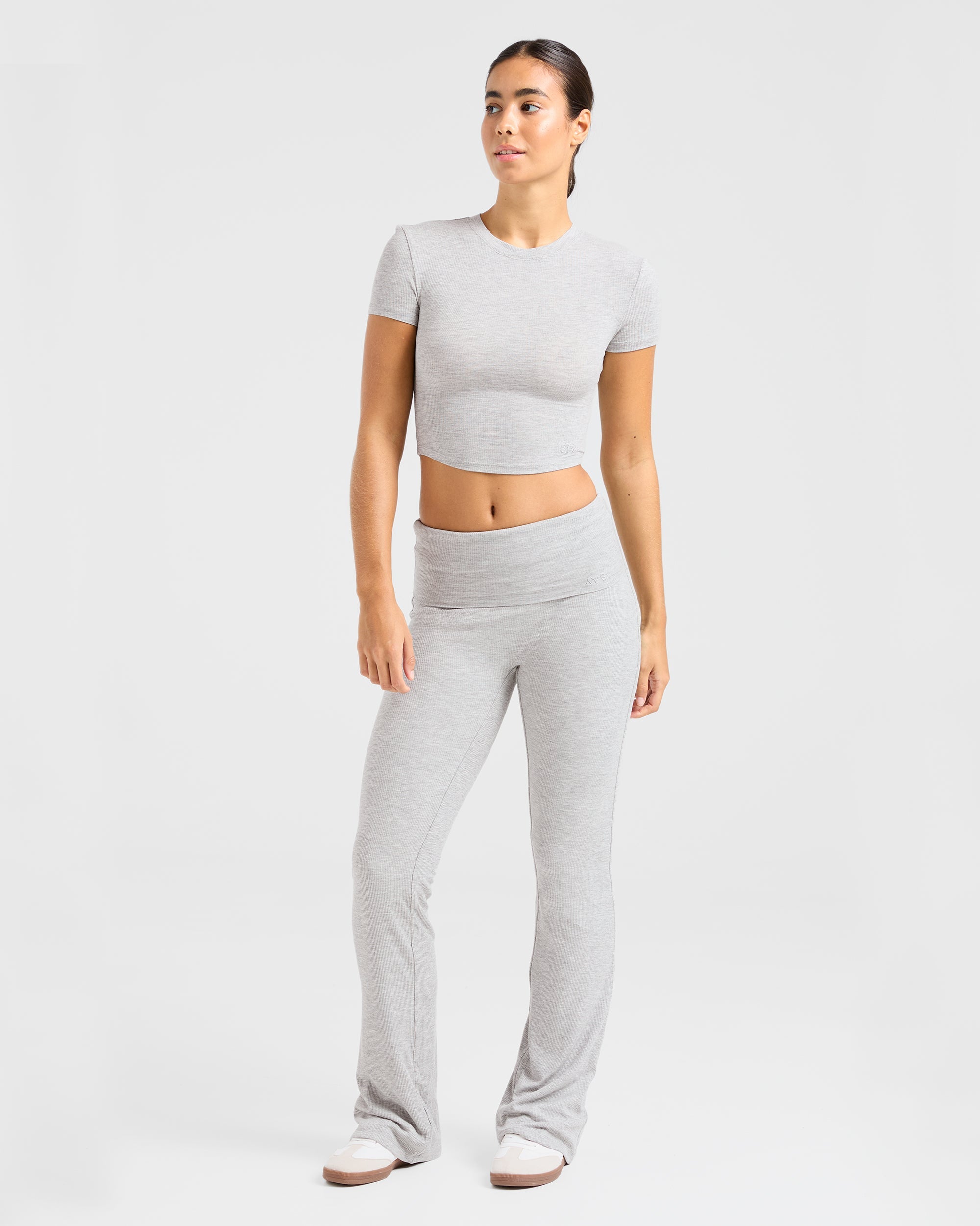 Lounge Ribbed Foldover Flared Leggings - Grau Marl