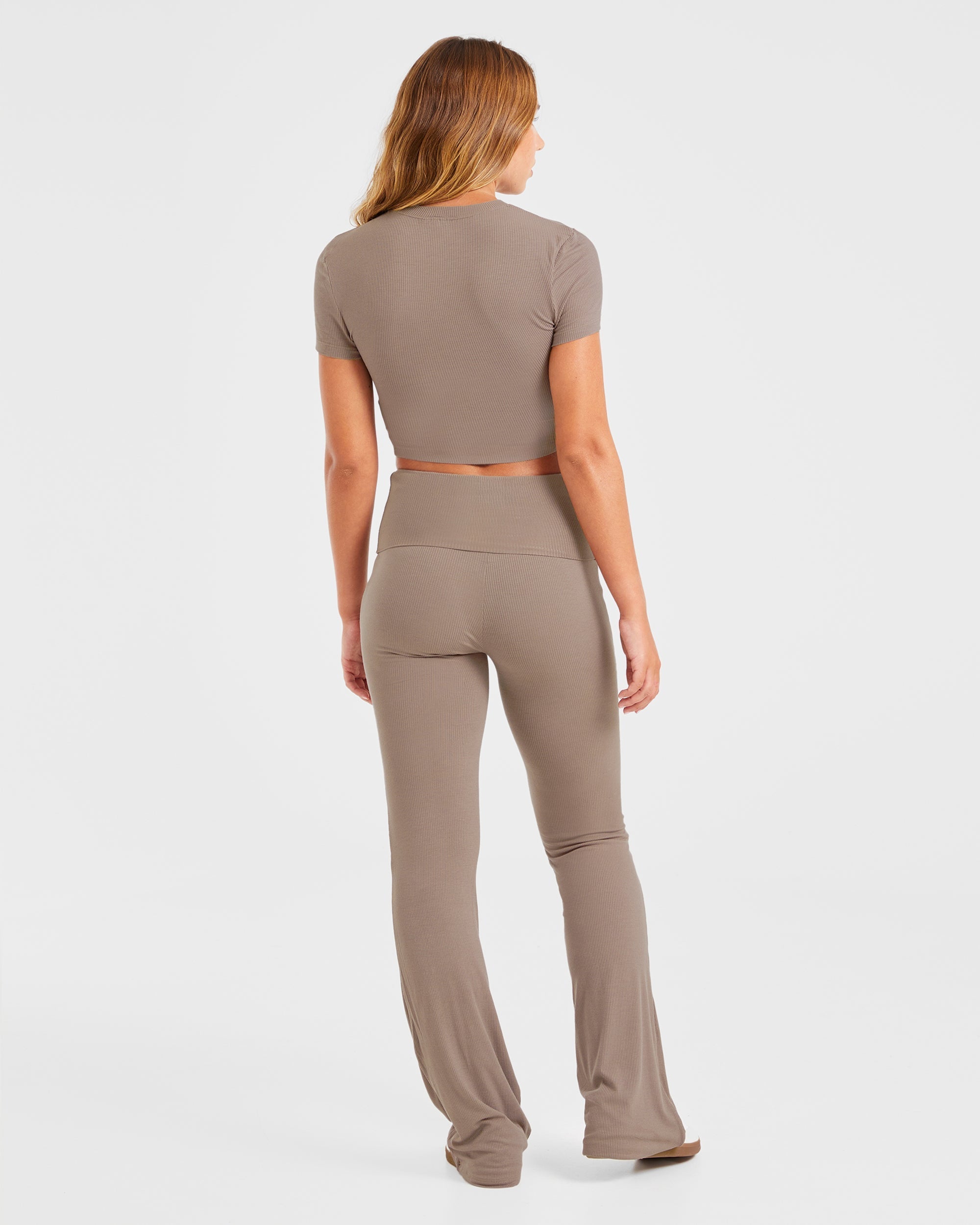 Lounge Ribbed Foldover Flared Leggings - Mocha