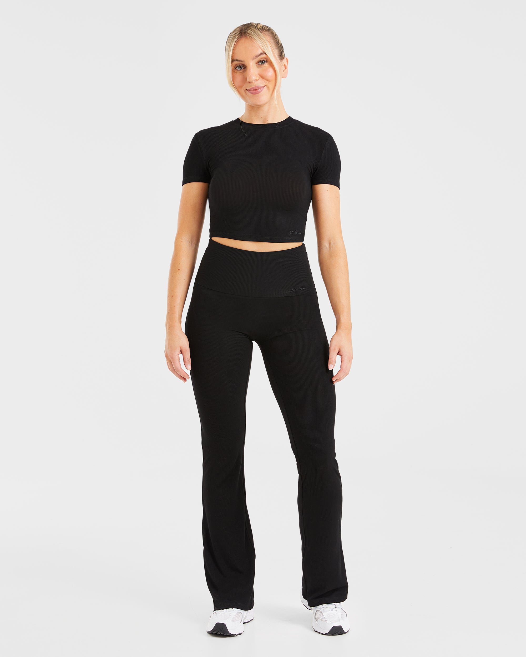 Lounge Ribbed Foldover Flared Leggings - Schwarz