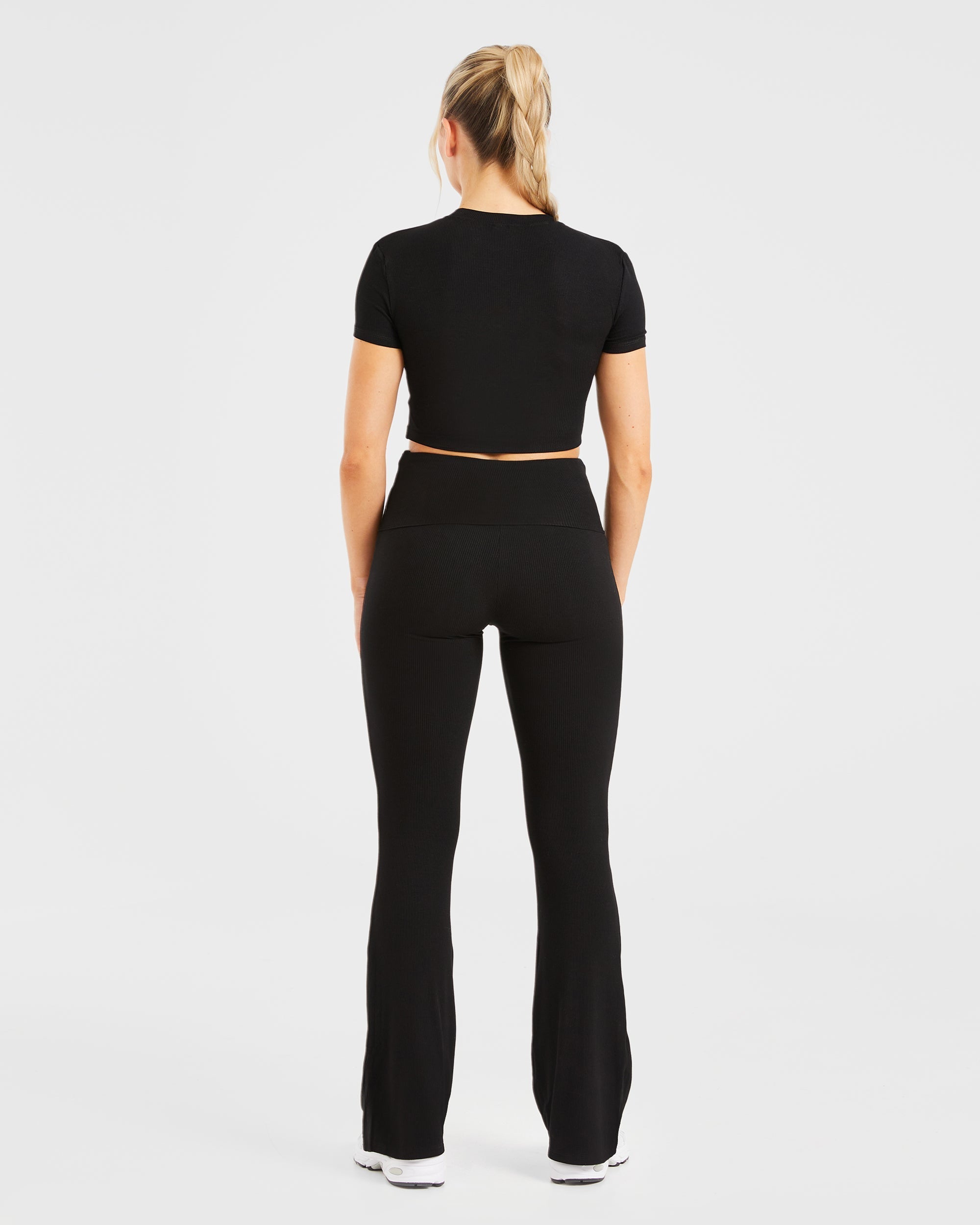 Lounge Ribbed Foldover Flared Leggings - Schwarz