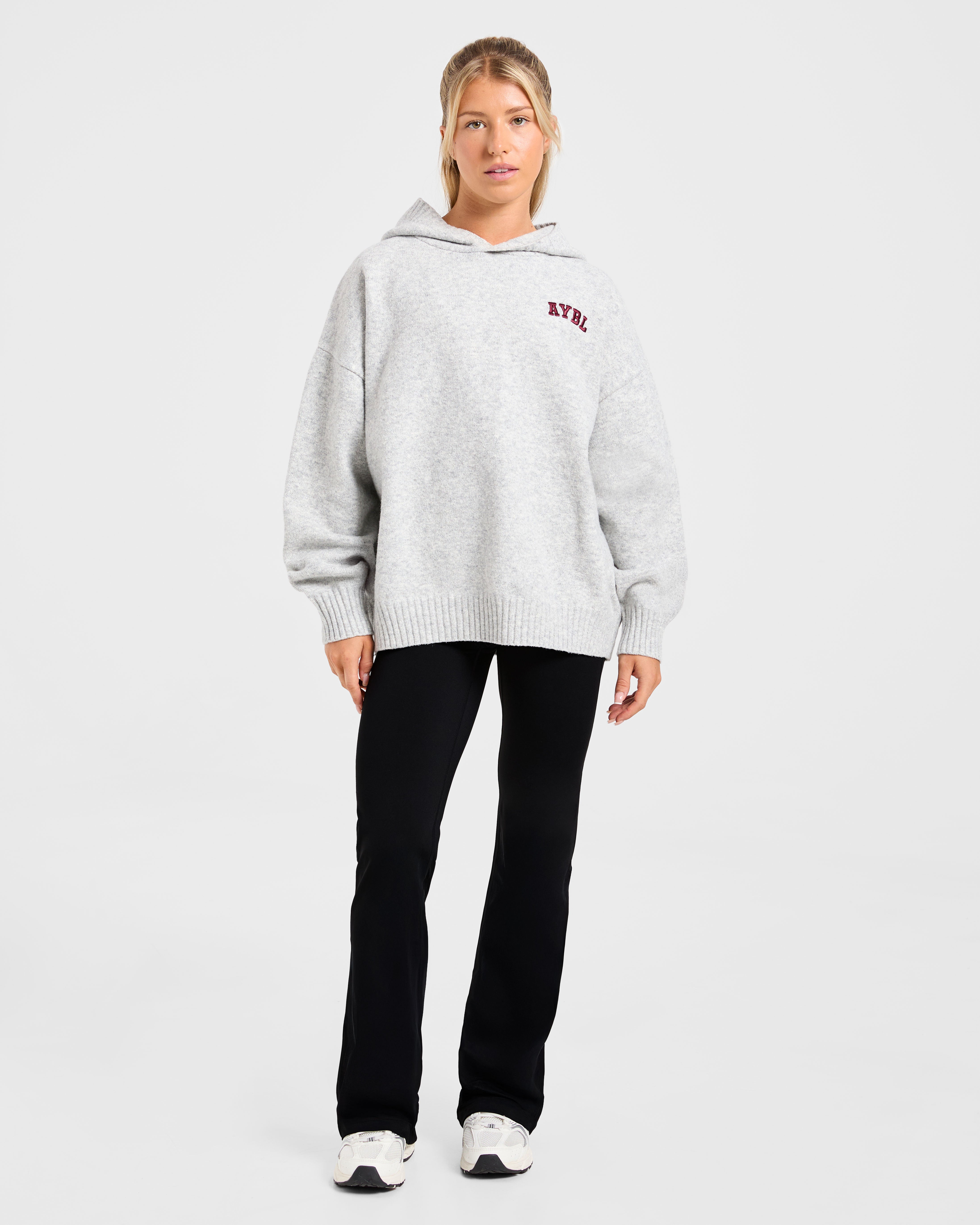 Varsity Minimal Logo Oversized Knitted Hoodie - Grau Marl/Burgundy