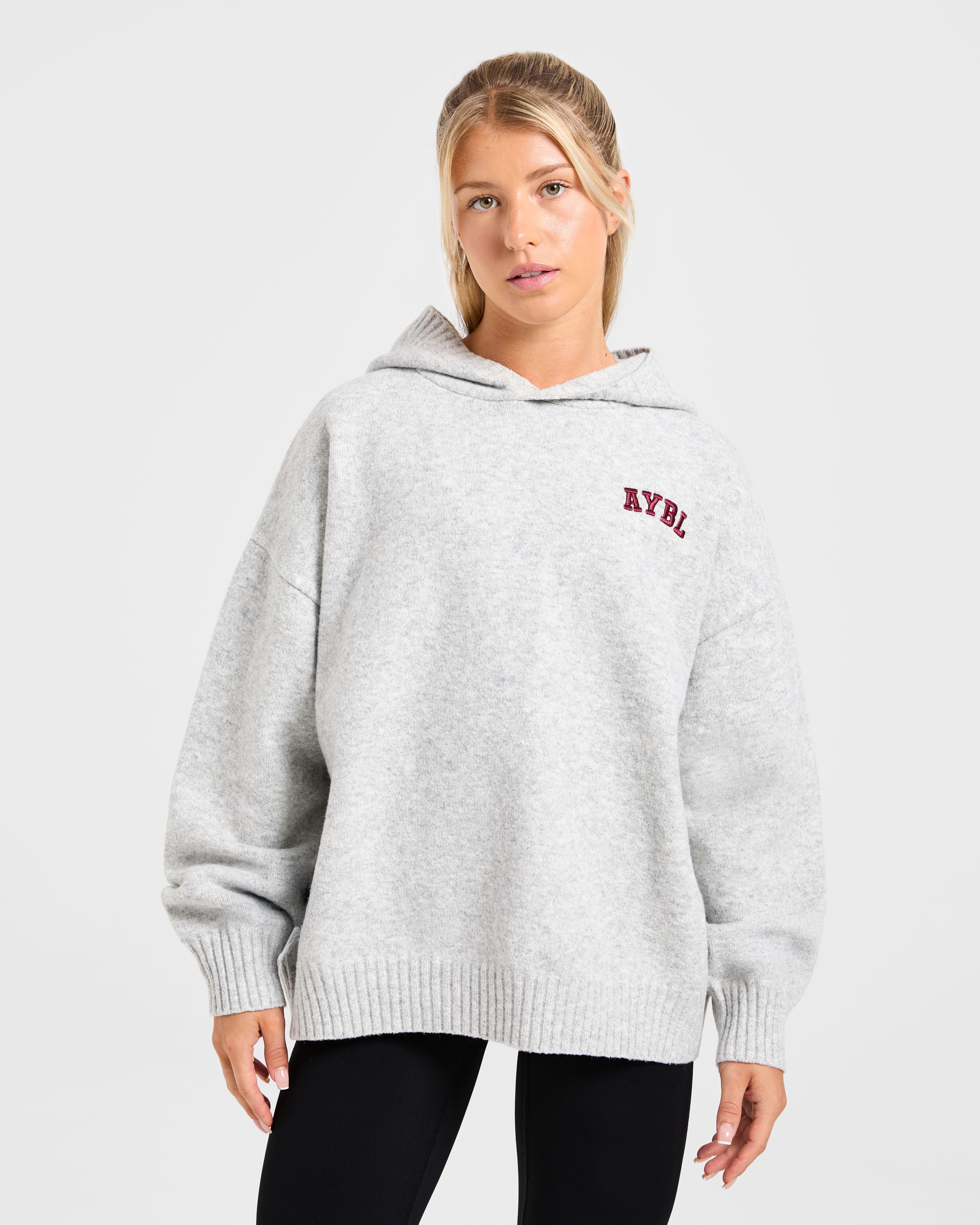 Varsity Minimal Logo Oversized Knitted Hoodie - Grau Marl/Burgundy