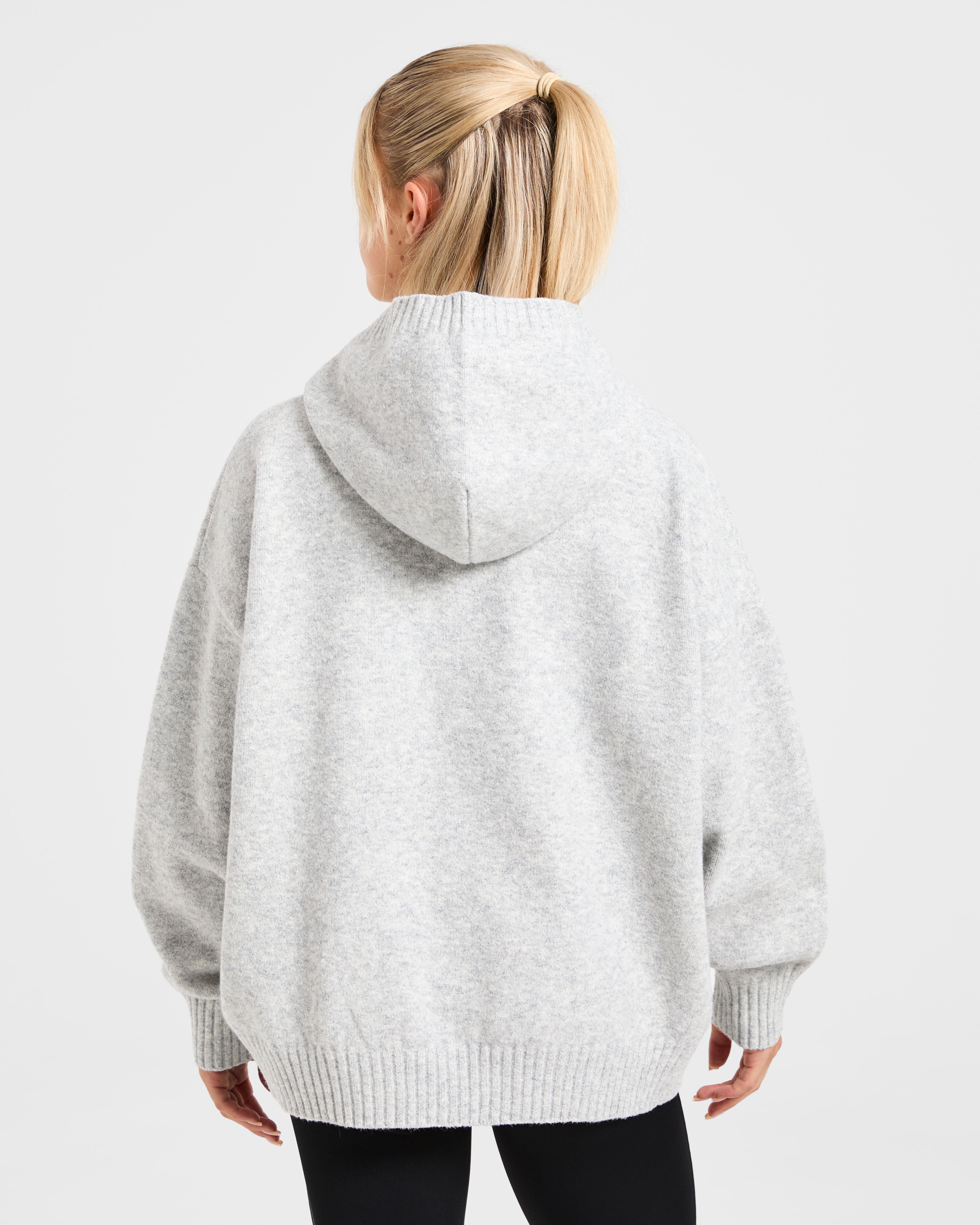Varsity Minimal Logo Oversized Knitted Hoodie - Grau Marl/Burgundy