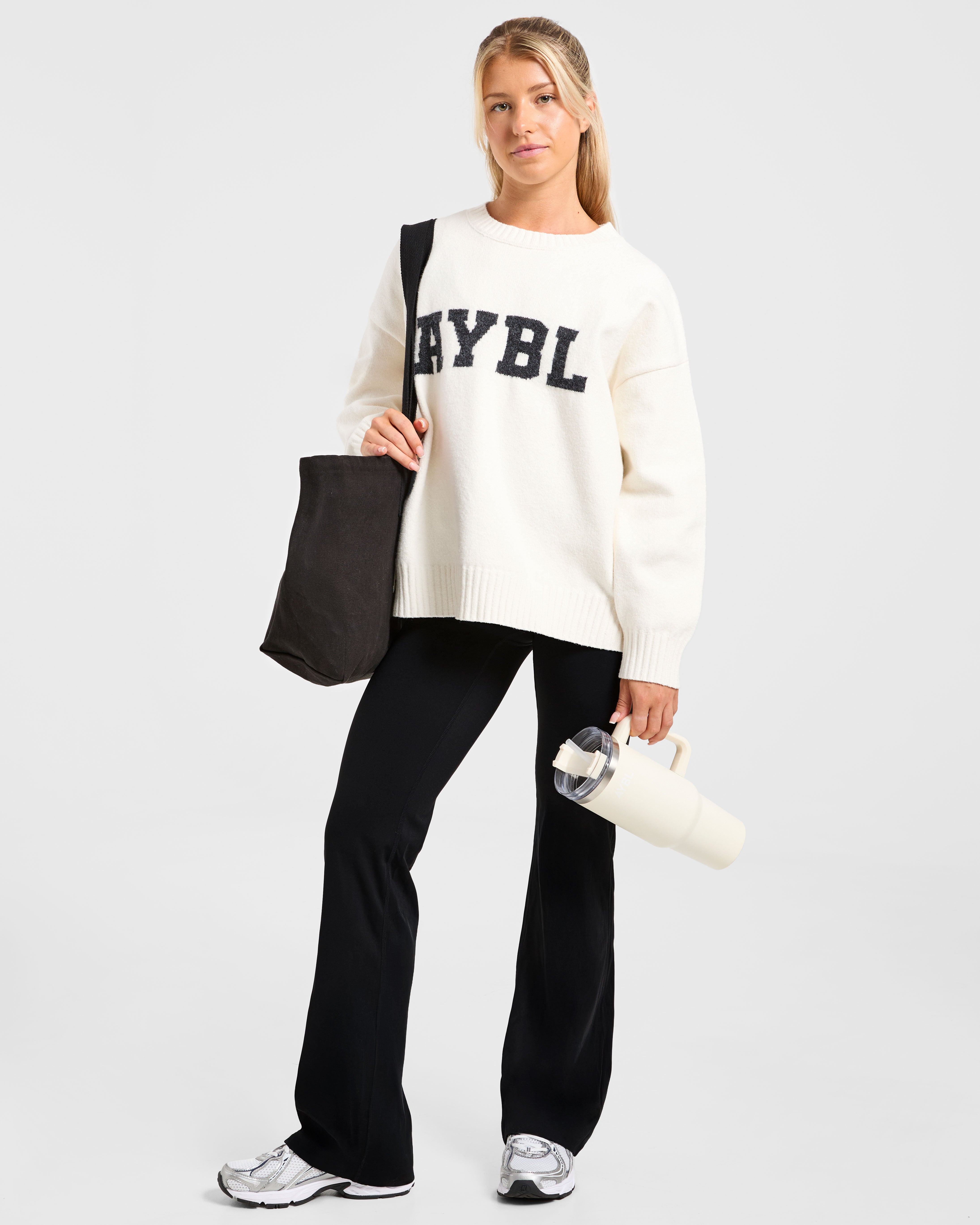 Varsity Oversized Knitted Sweater - Off Weiß