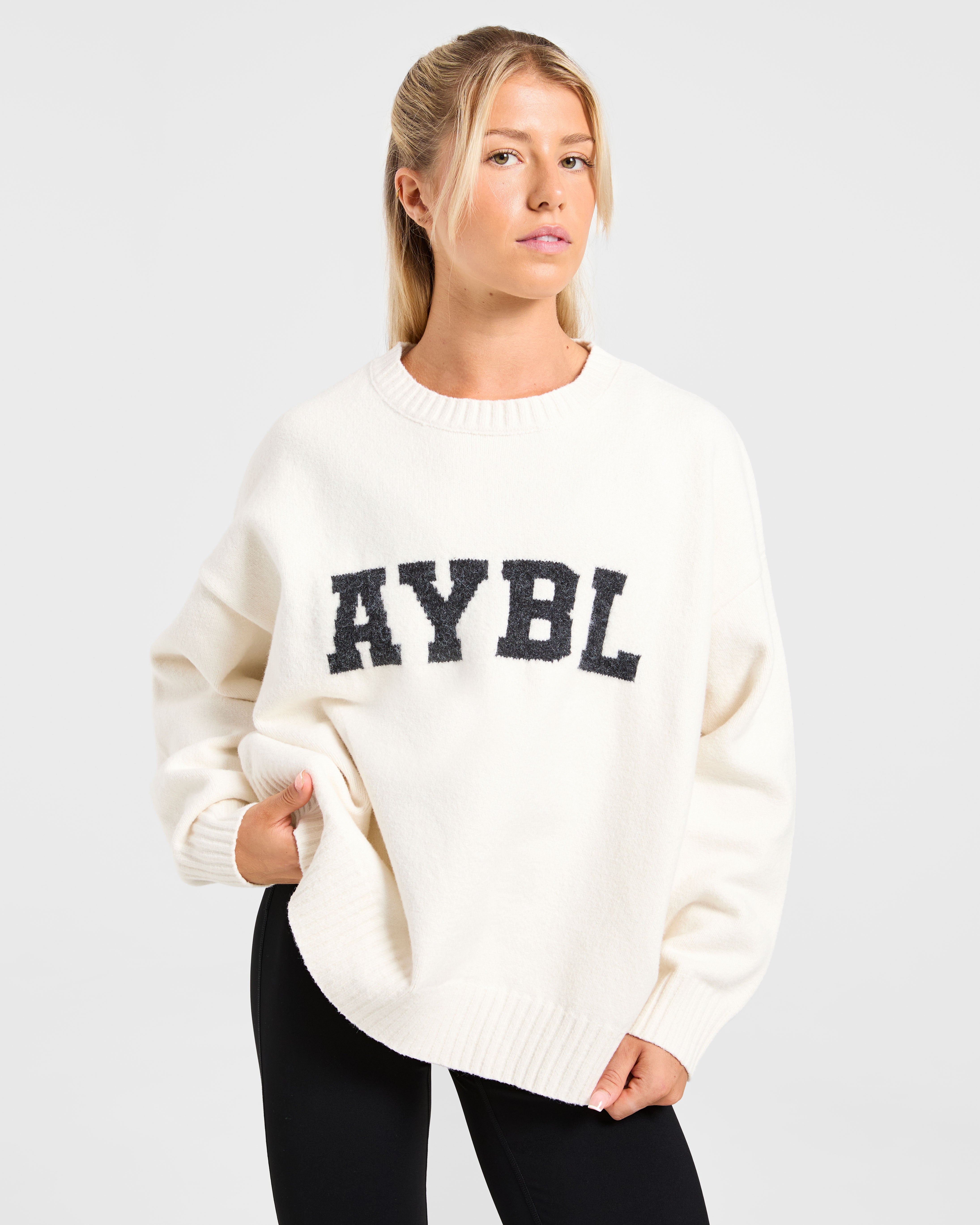 Varsity Oversized Knitted Sweater - Off Weiß