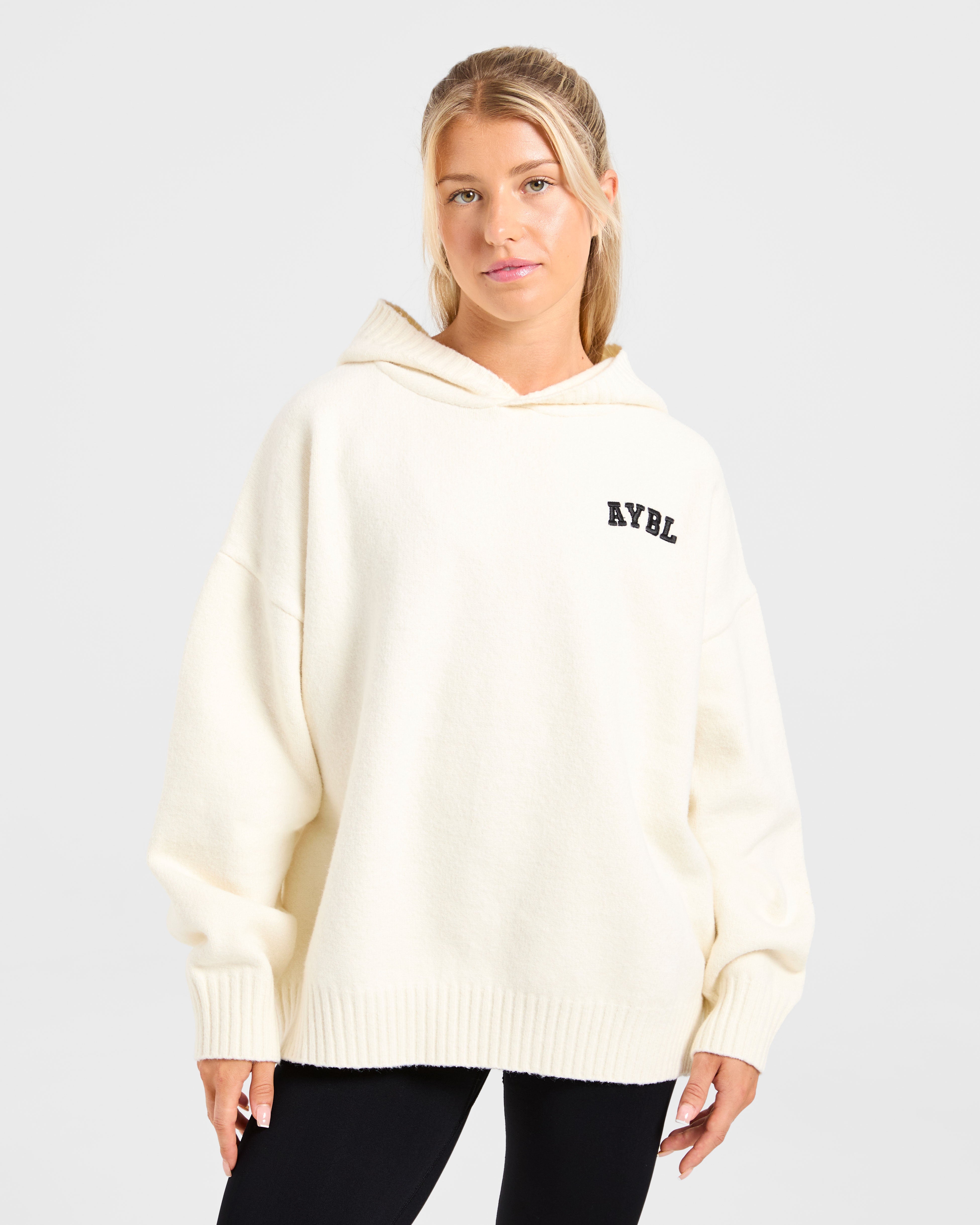 Varsity Minimal Logo Oversized Knitted Hoodie - Creme