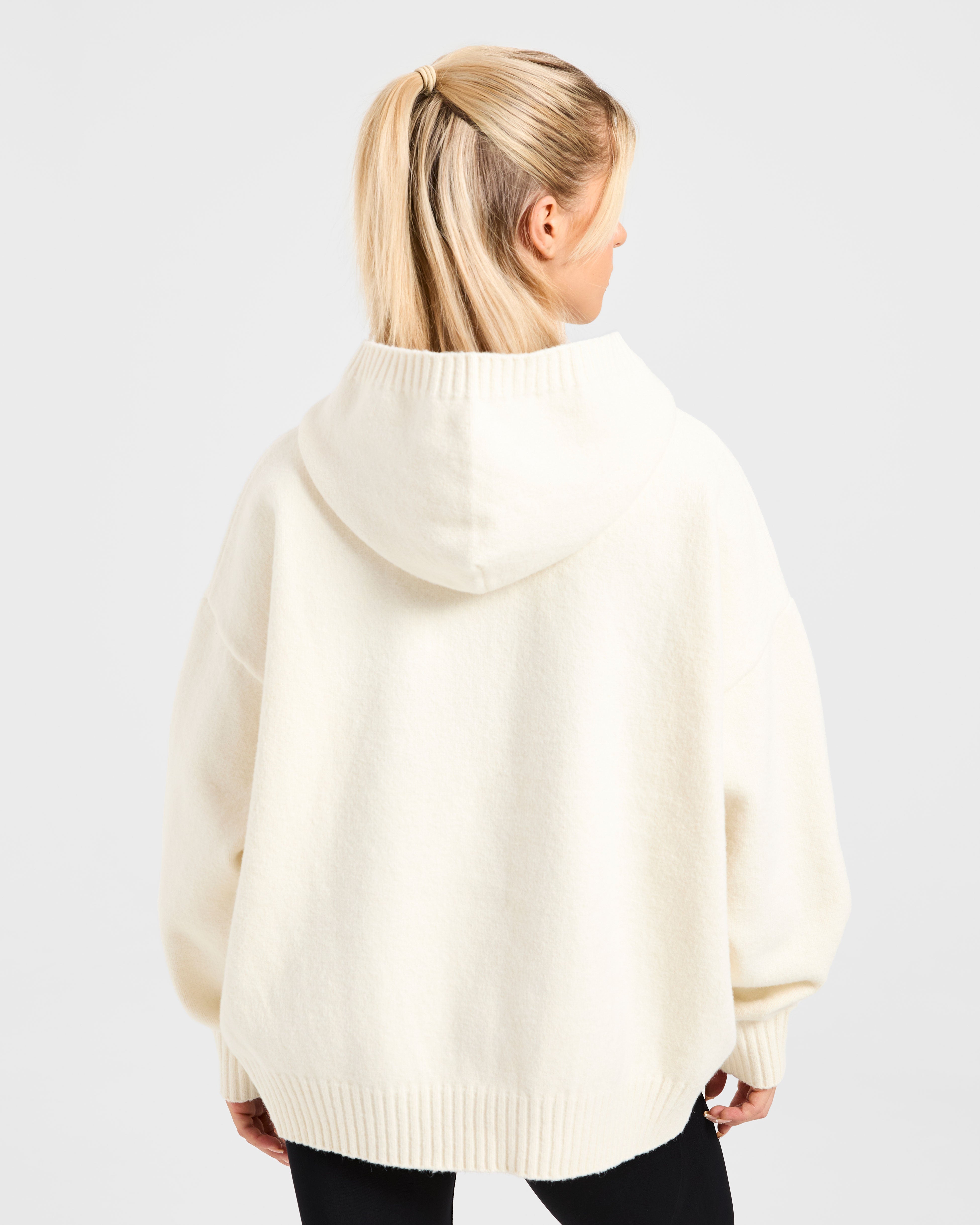 Varsity Minimal Logo Oversized Knitted Hoodie - Creme