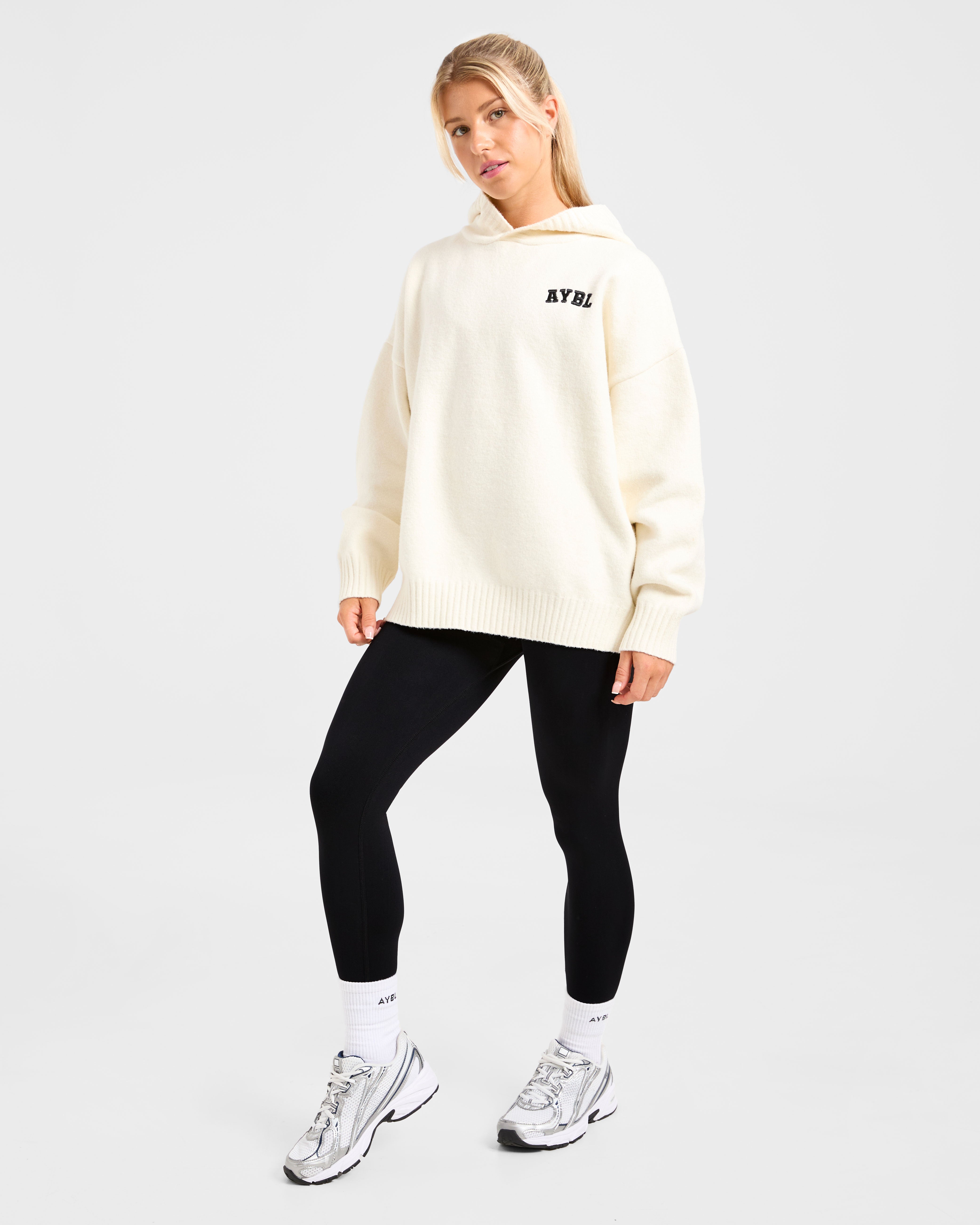 Varsity Minimal Logo Oversized Knitted Hoodie - Creme