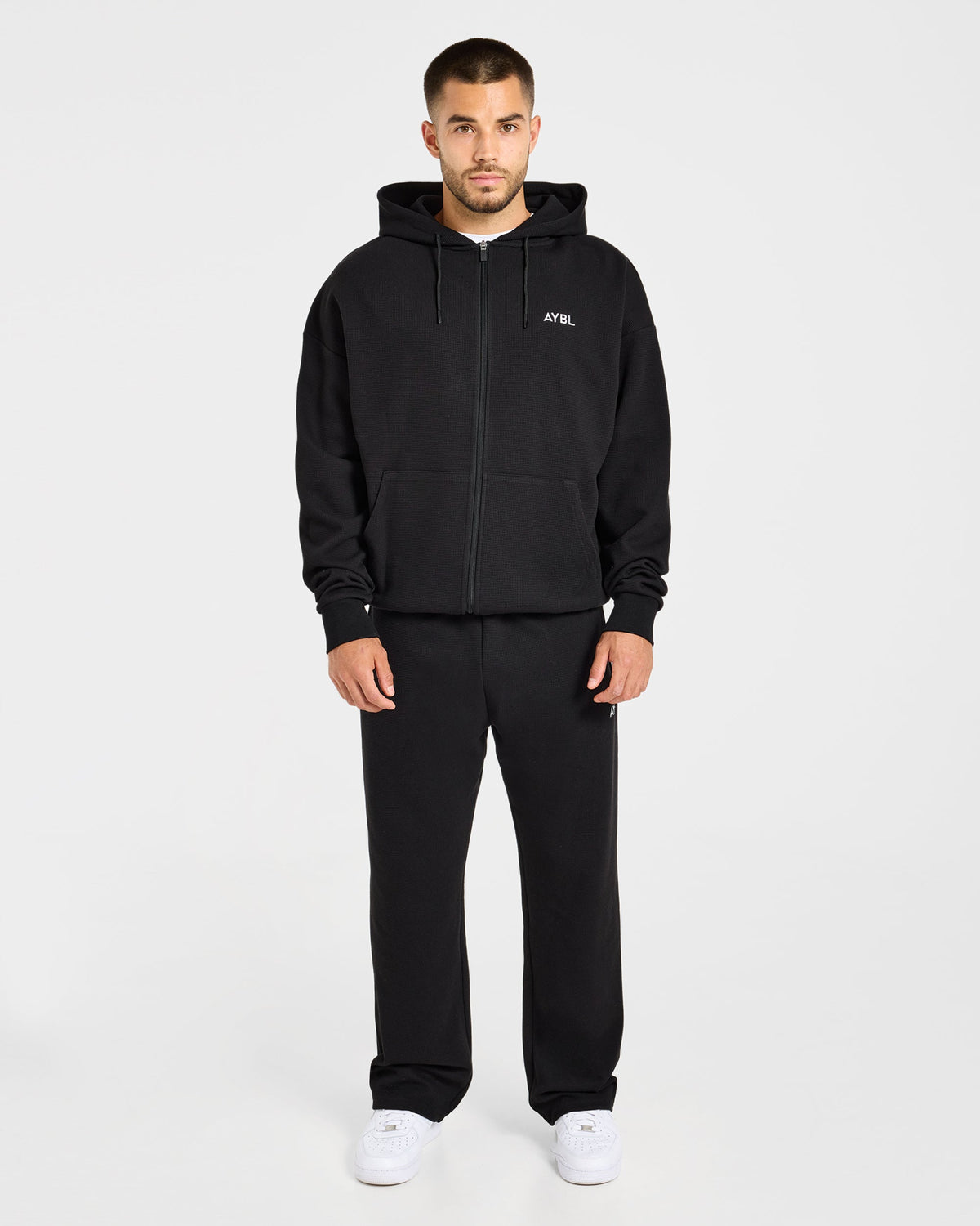 Waffle Oversized Full Zip Hoodie - Schwarz