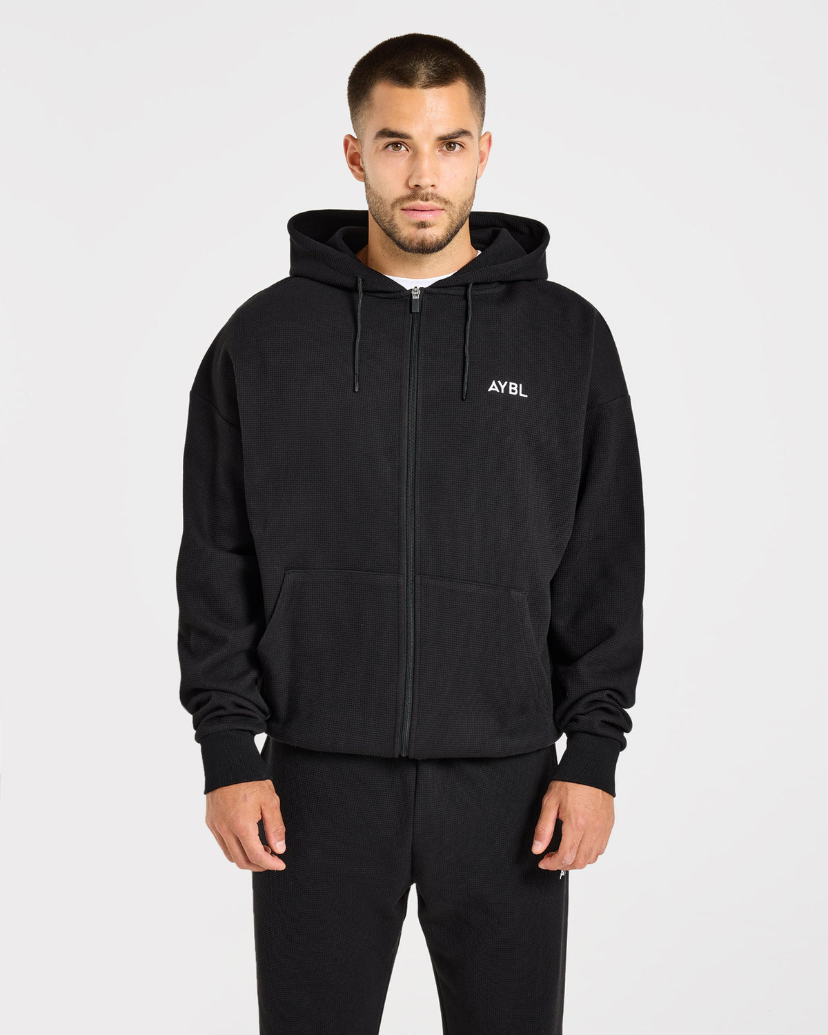 Waffle Oversized Full Zip Hoodie - Schwarz