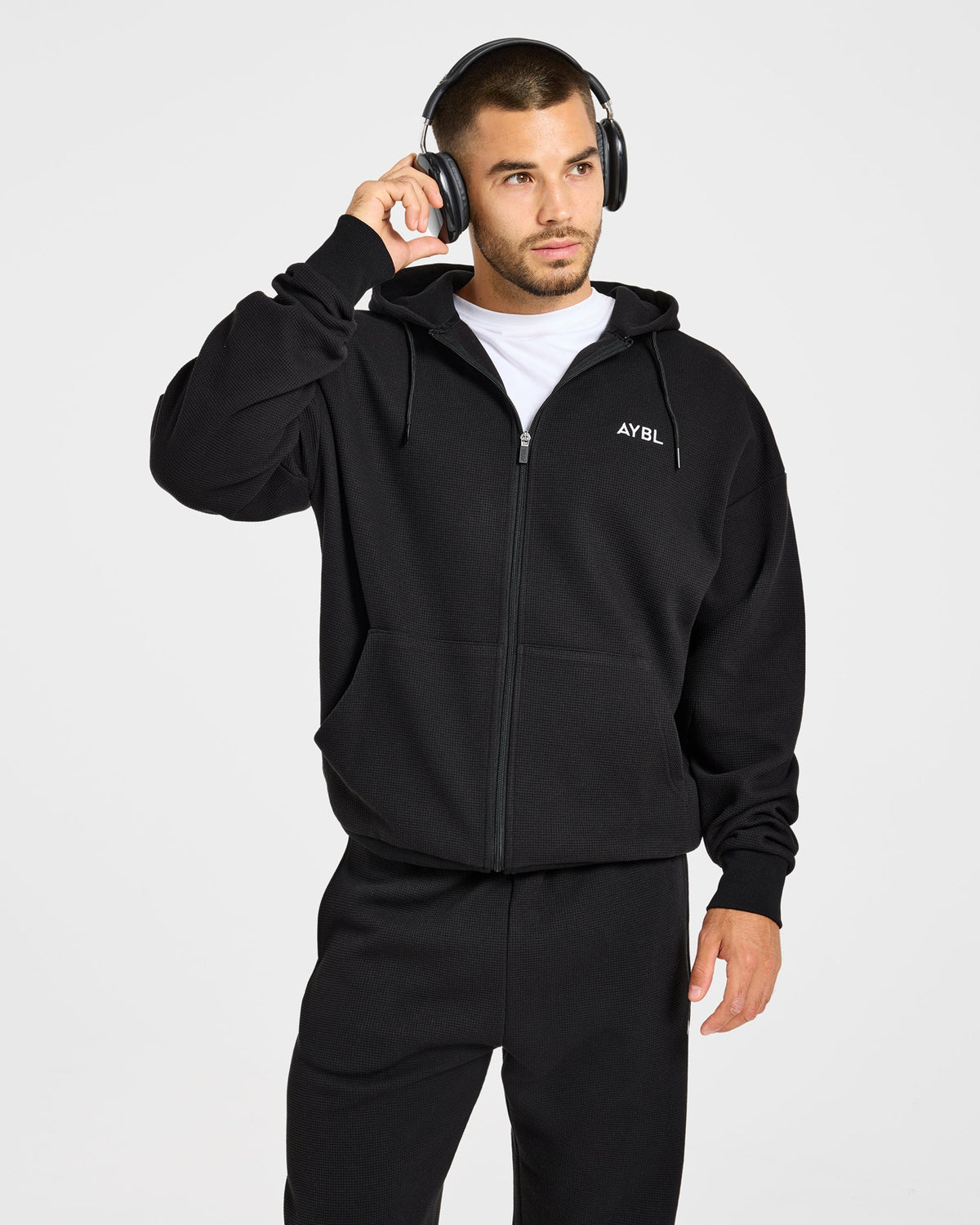 Waffle Oversized Full Zip Hoodie - Schwarz
