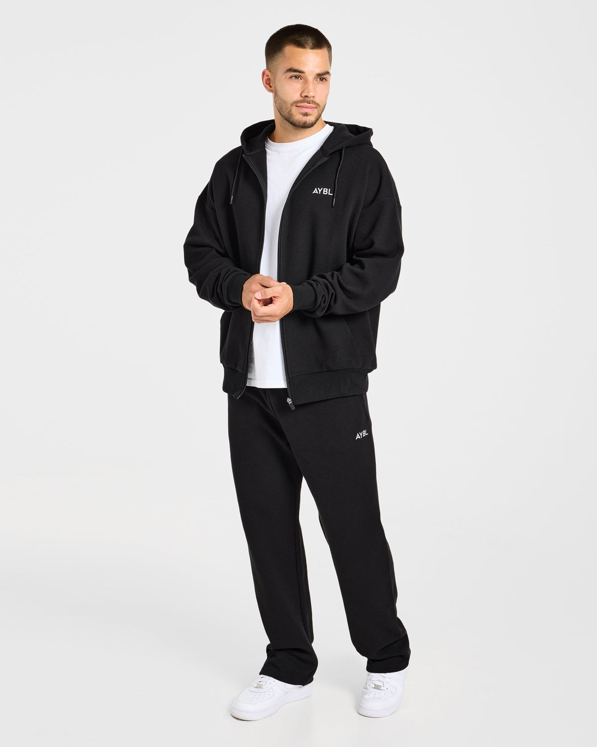 Waffle Oversized Full Zip Hoodie - Schwarz
