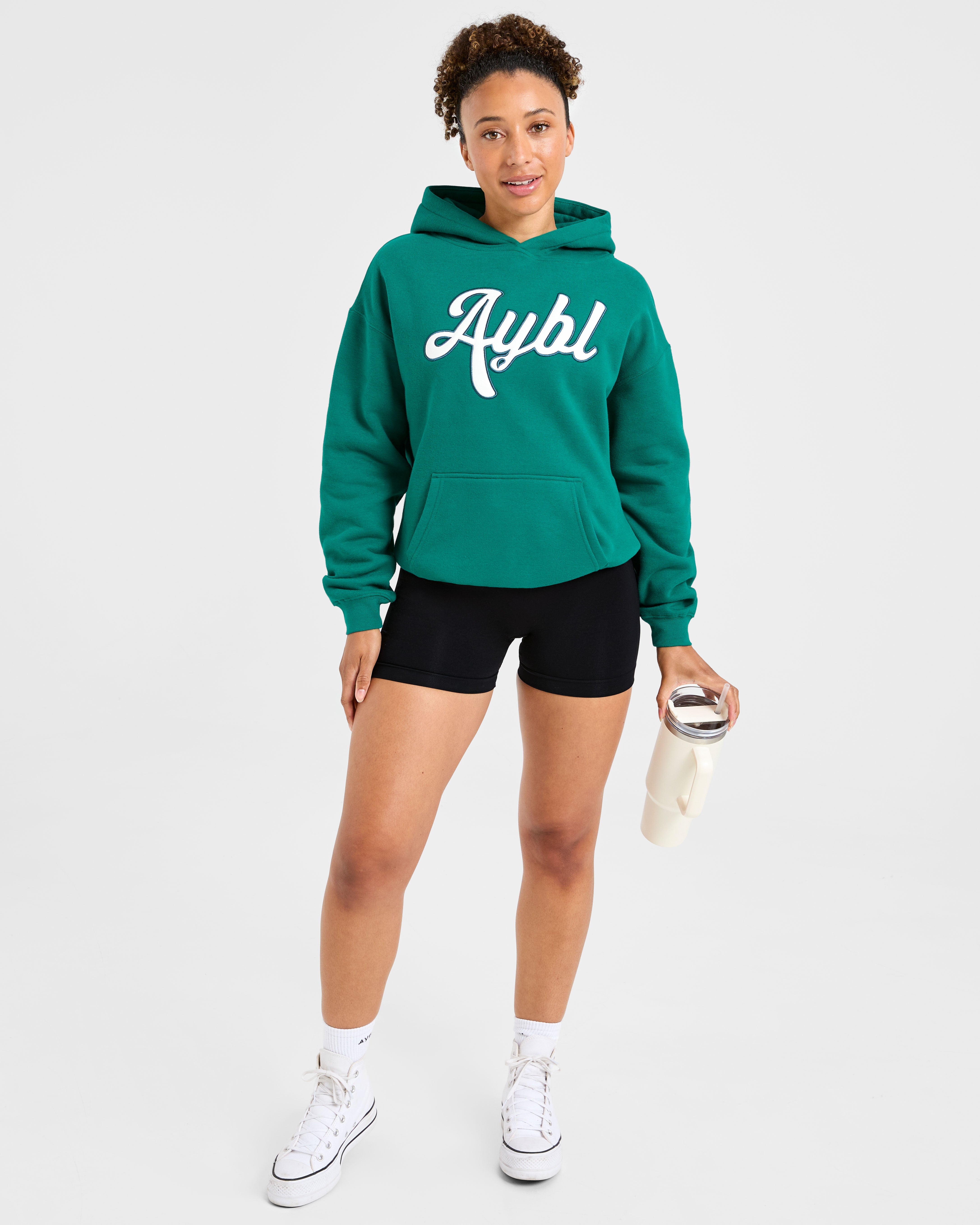 Script Embroidered Oversized Hoodie - Sports Grün