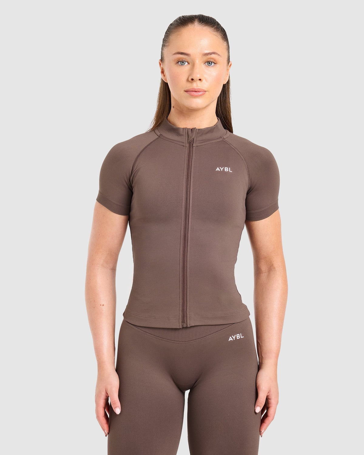 Enhance Seamless Short Sleeve Zip Up Jacket - Braun