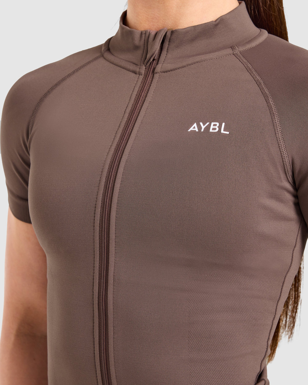 Enhance Seamless Short Sleeve Zip Up Jacket - Braun