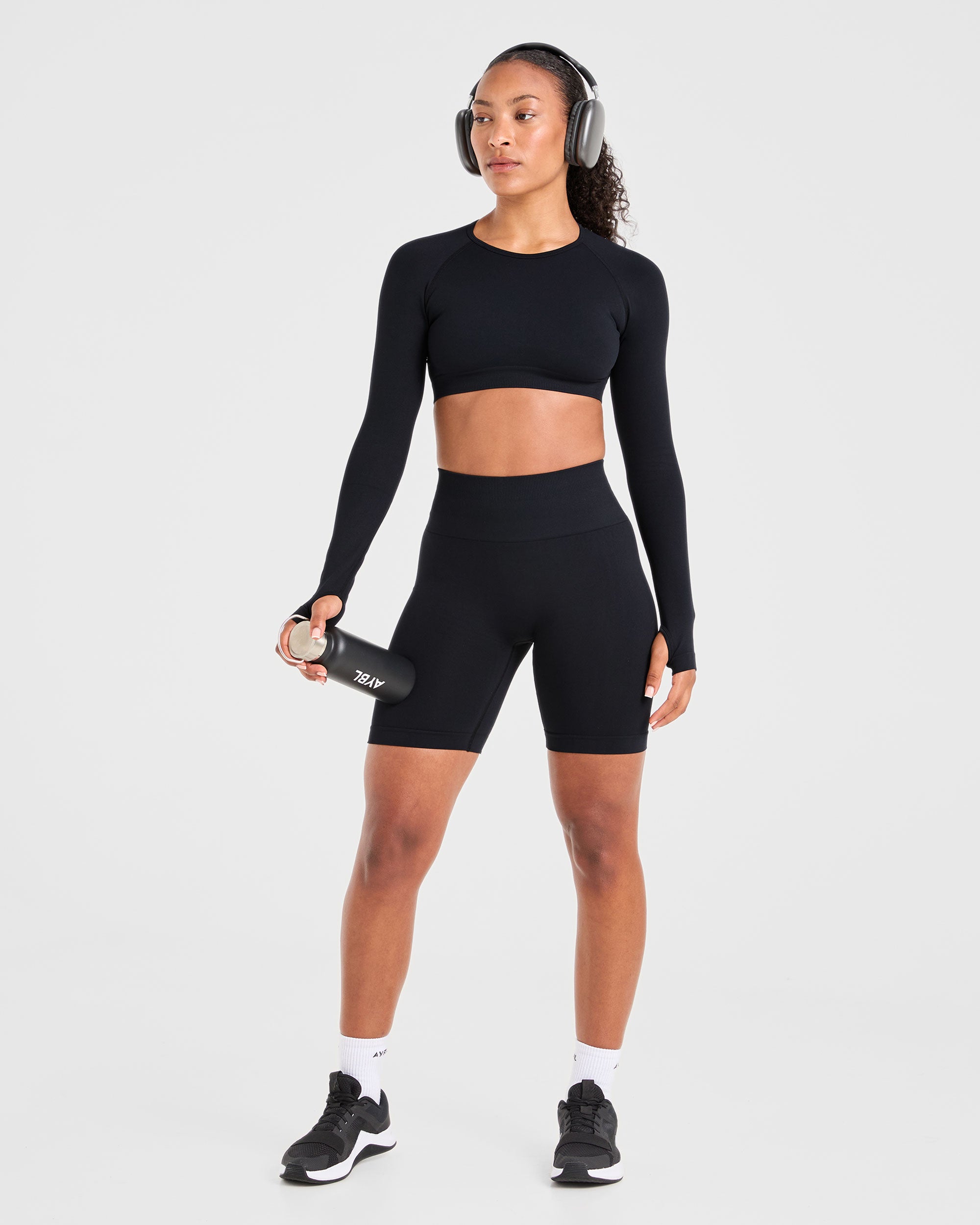 Power Seamless Long Sleeve Crop Top - Schwarz