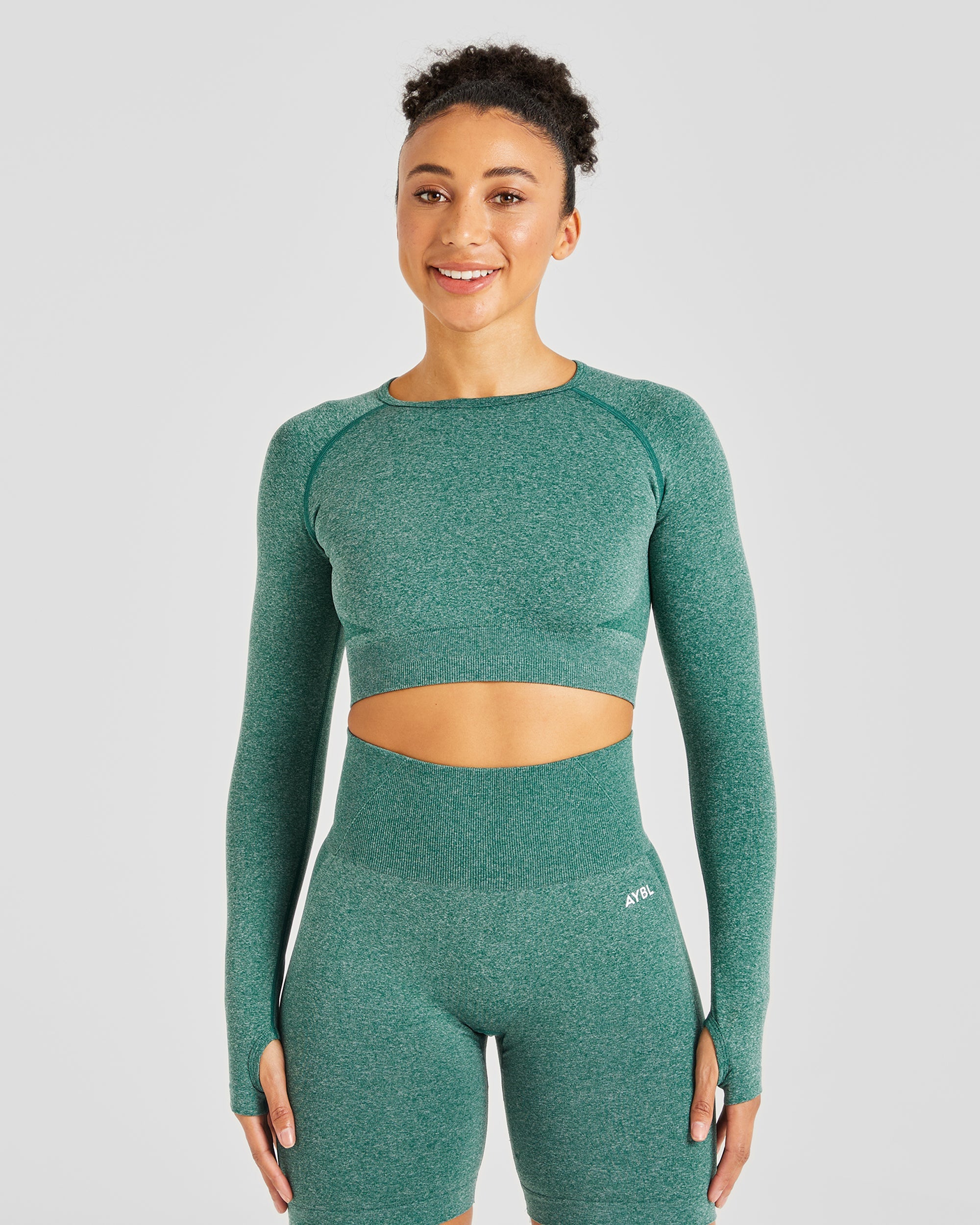 Empower Seamless Long Sleeve Crop Top - Forest Grün Marl