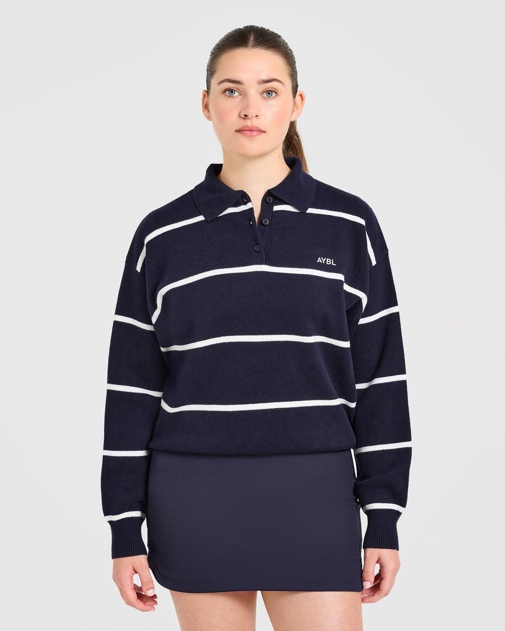 Signature Relaxed Knitted Polo - Navy/Weiß