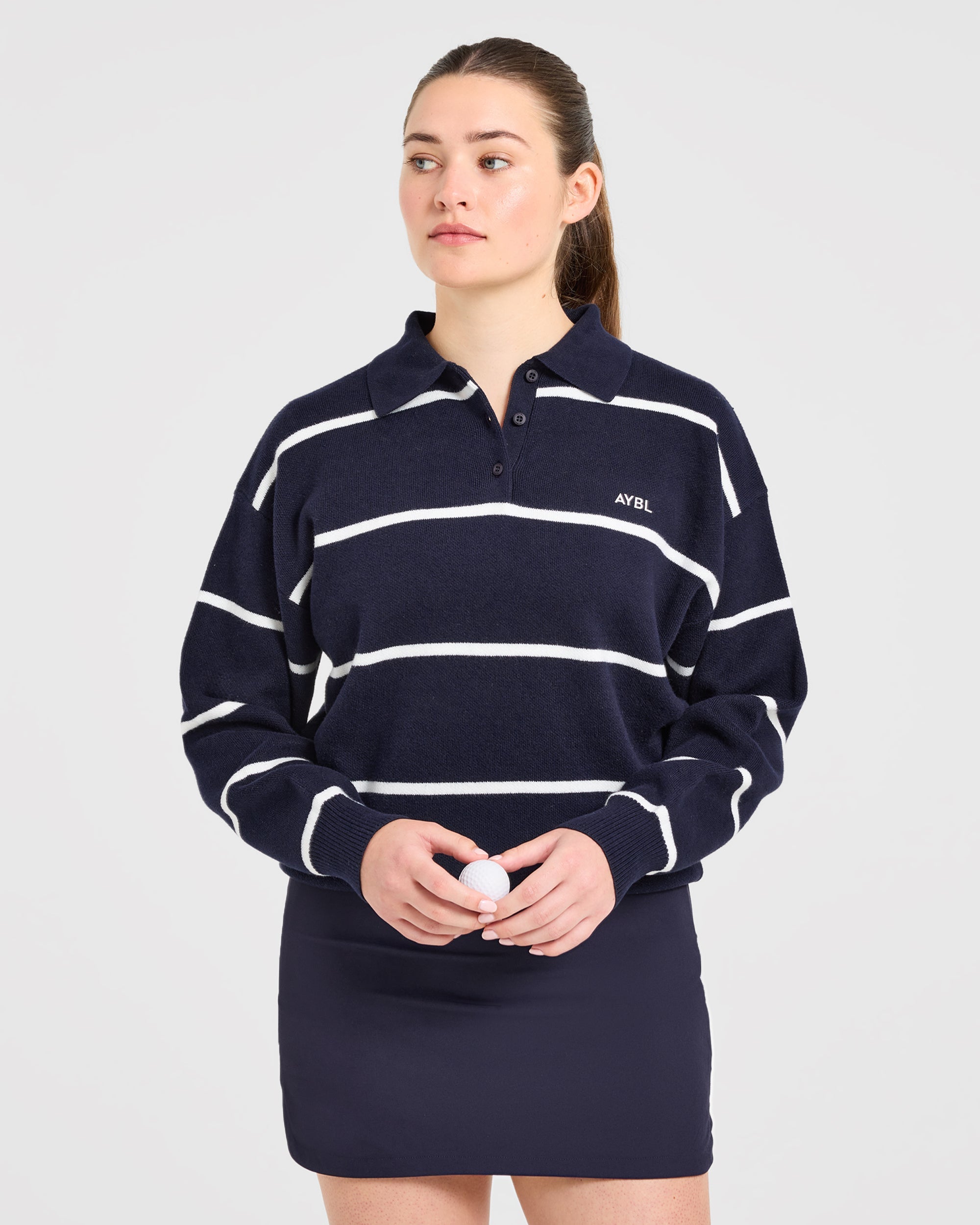 Signature Relaxed Knitted Polo - Navy/Weiß