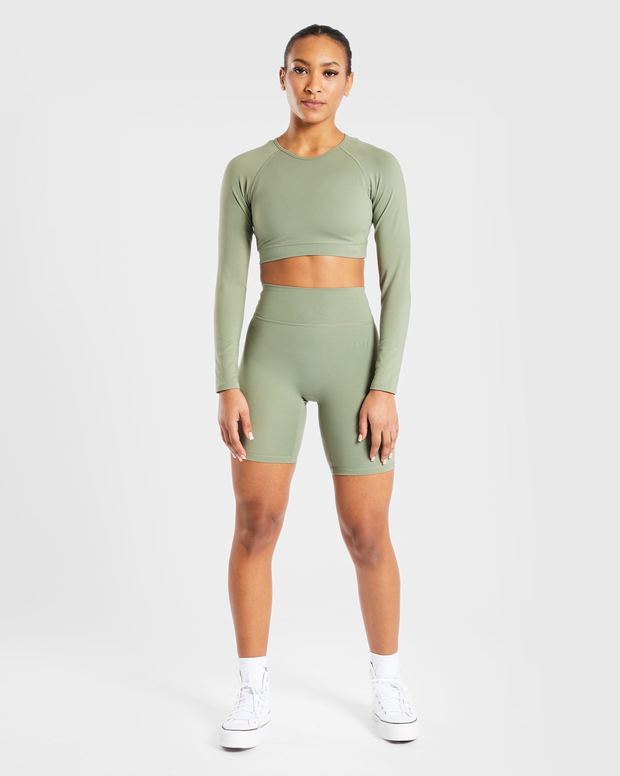 Staple Long Sleeve Crop Top - Olive Grün