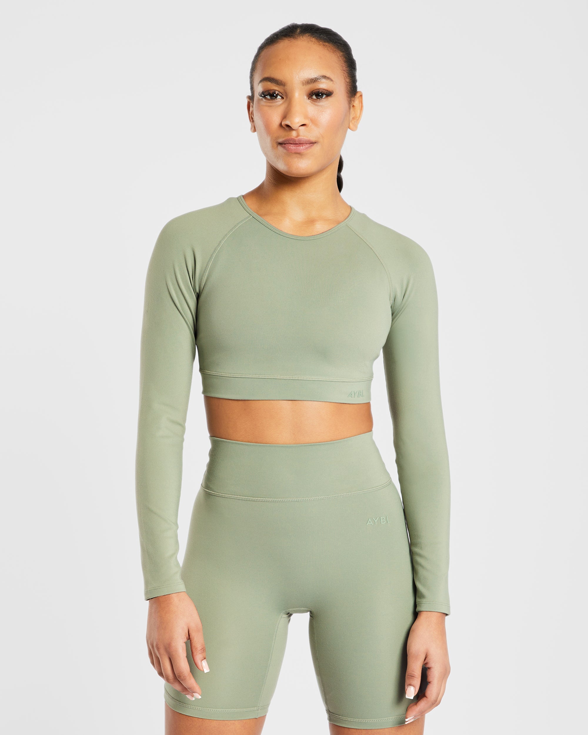 Staple Long Sleeve Crop Top - Olive Grün