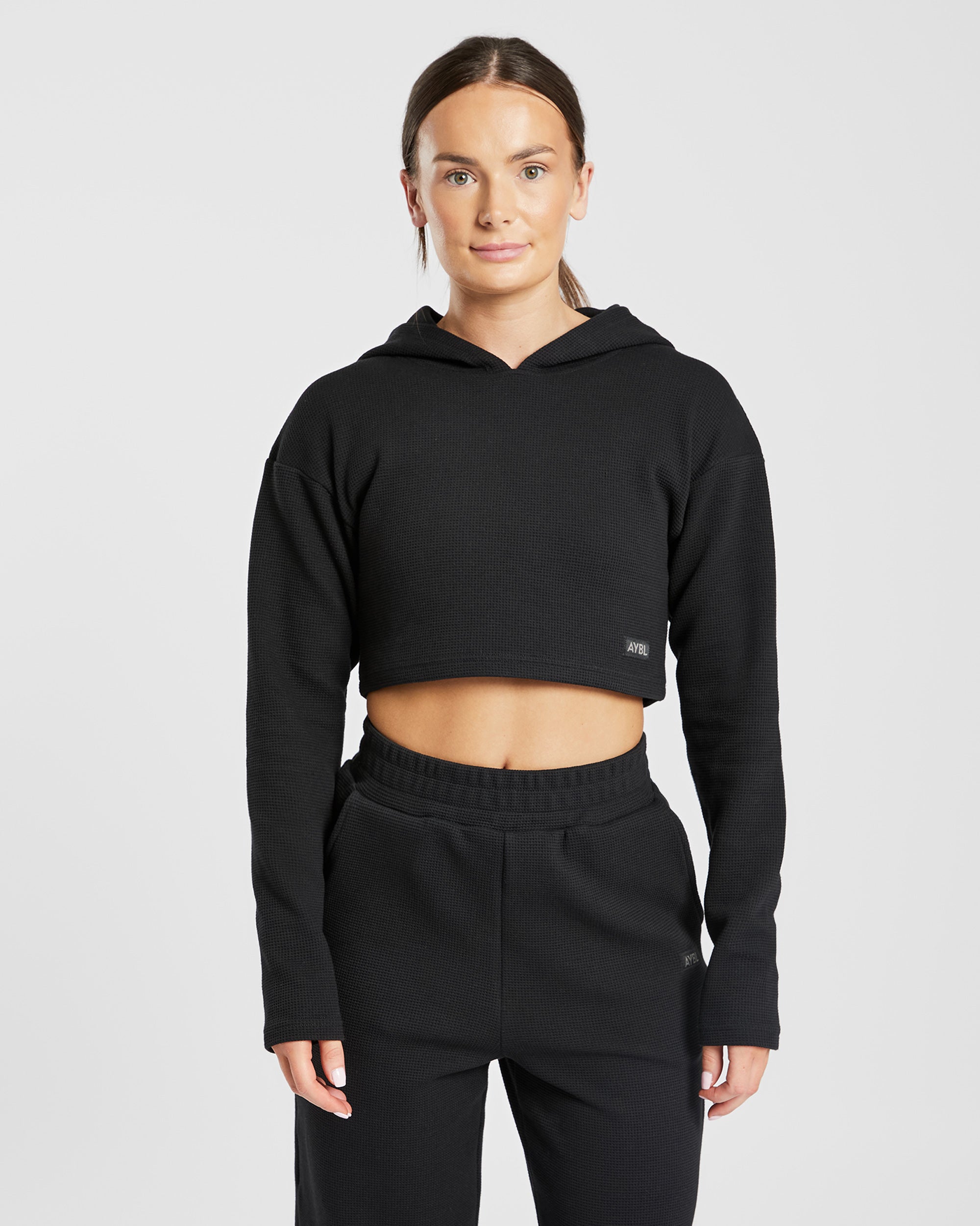 Waffle Crop Hoodie - Schwarz