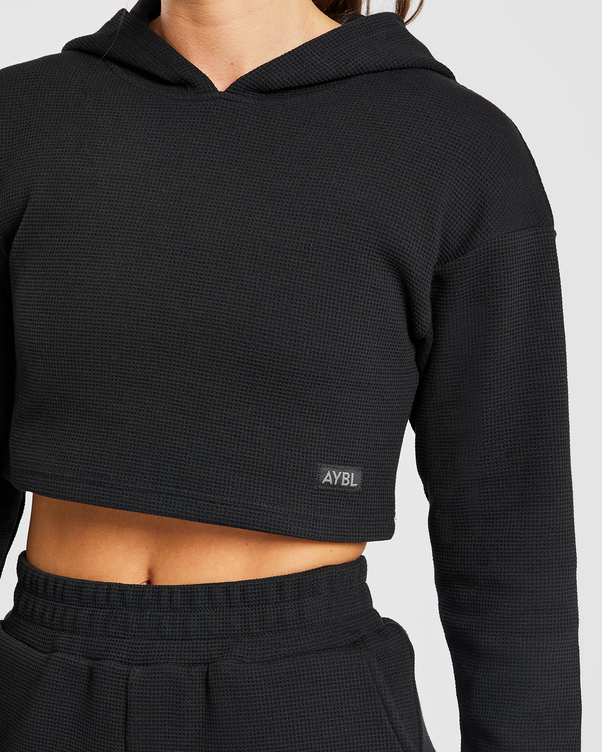 Waffle Crop Hoodie - Schwarz