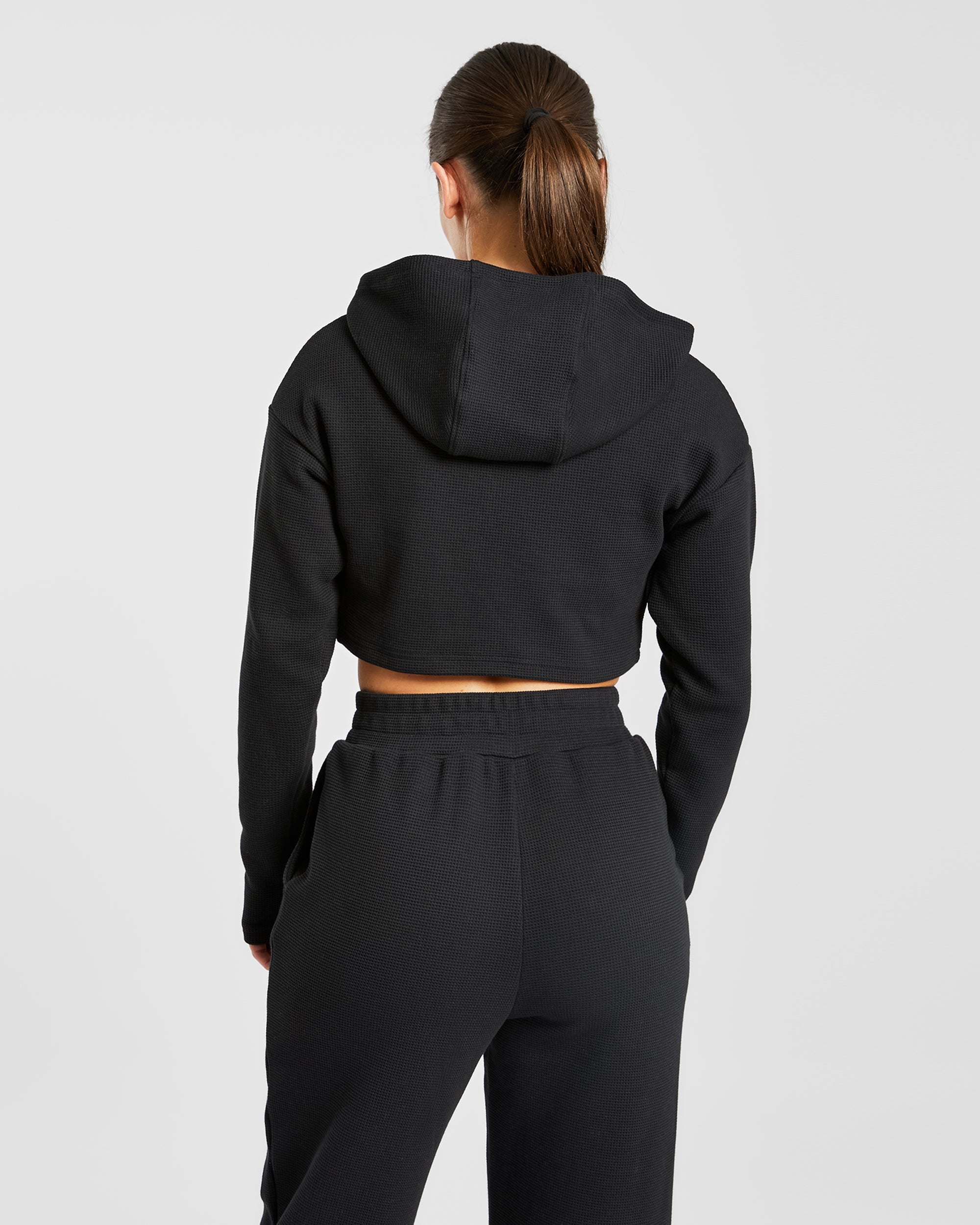 Waffle Crop Hoodie - Schwarz