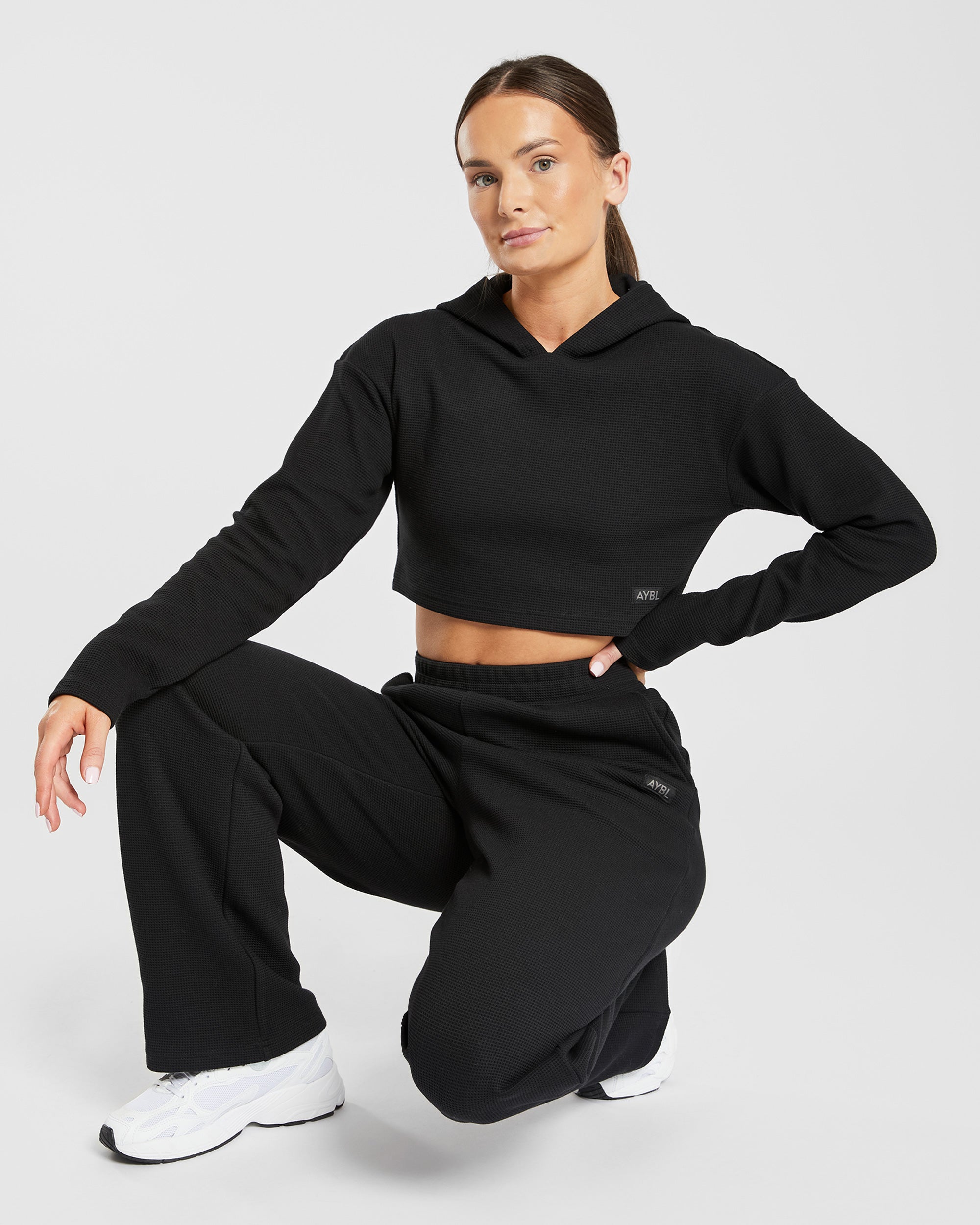 Waffle Crop Hoodie - Schwarz