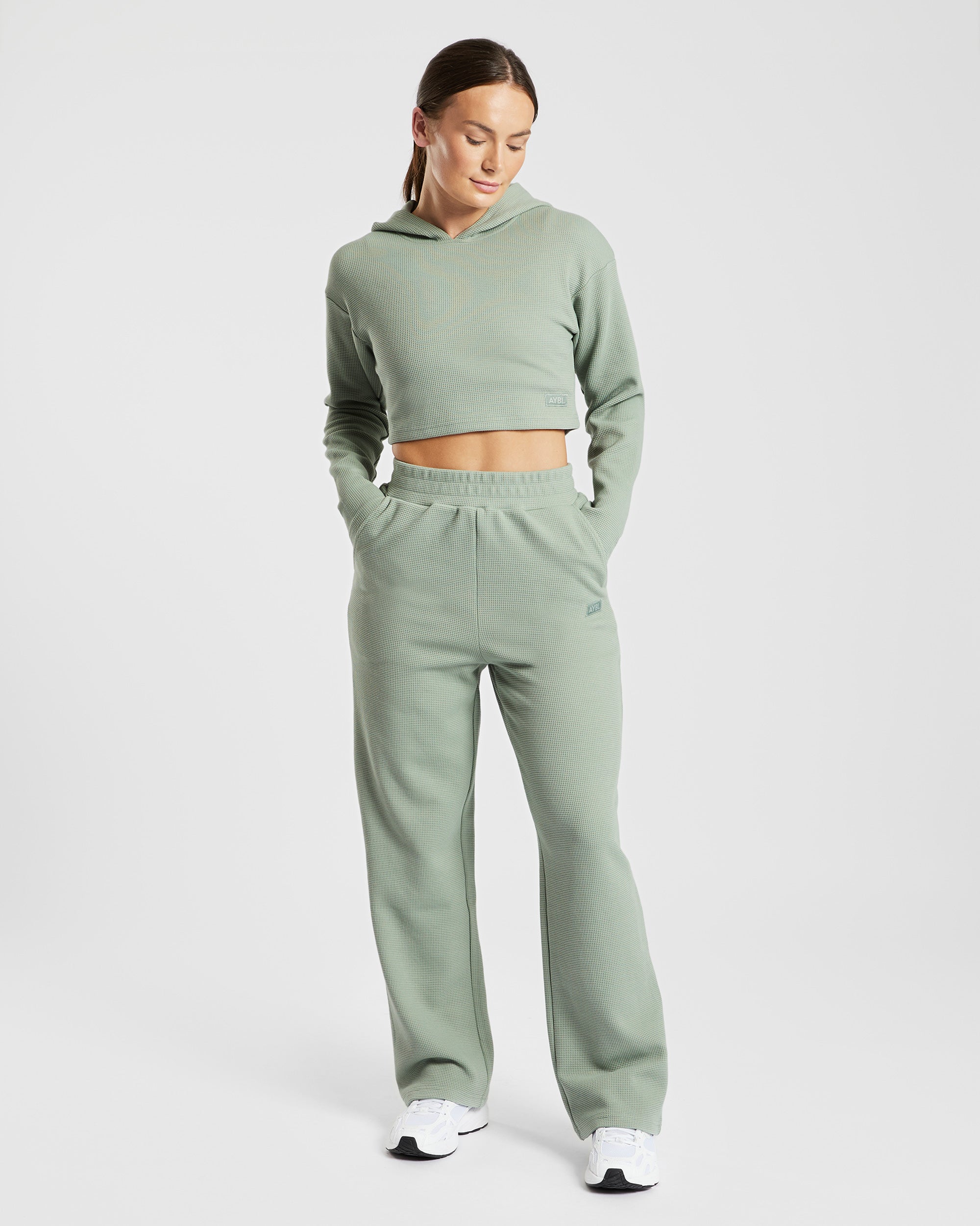 Waffle Crop Hoodie - Sage Grün