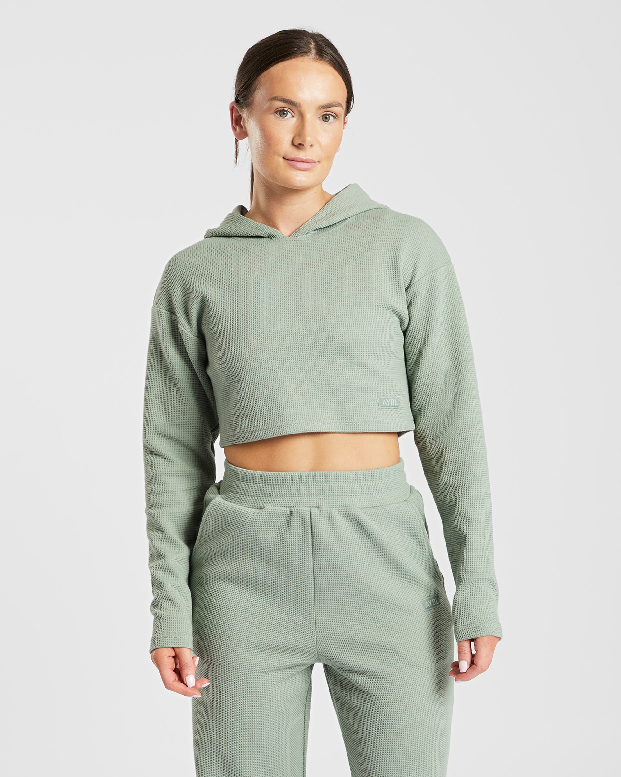 Waffle Crop Hoodie - Sage Grün