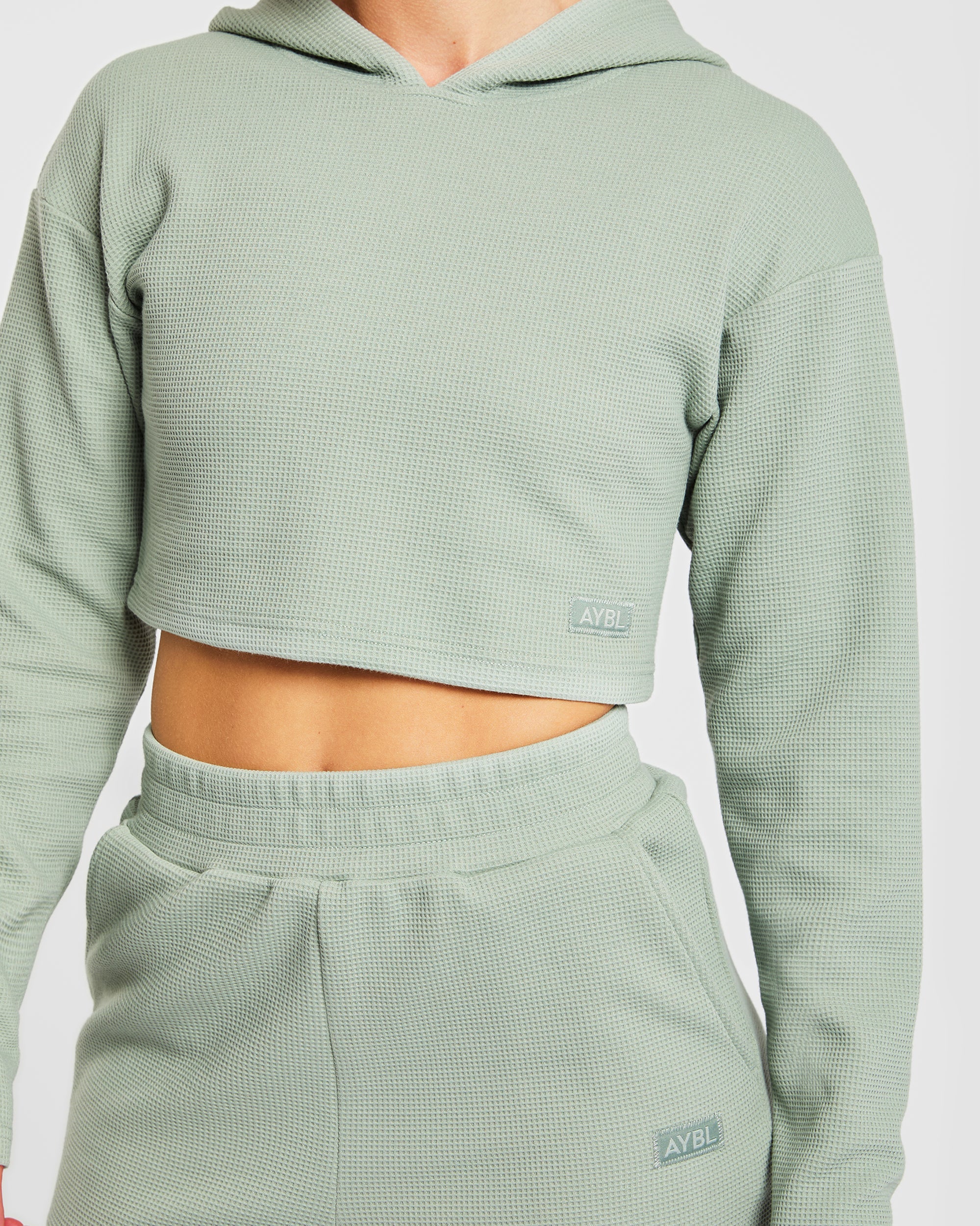 Waffle Crop Hoodie - Sage Grün